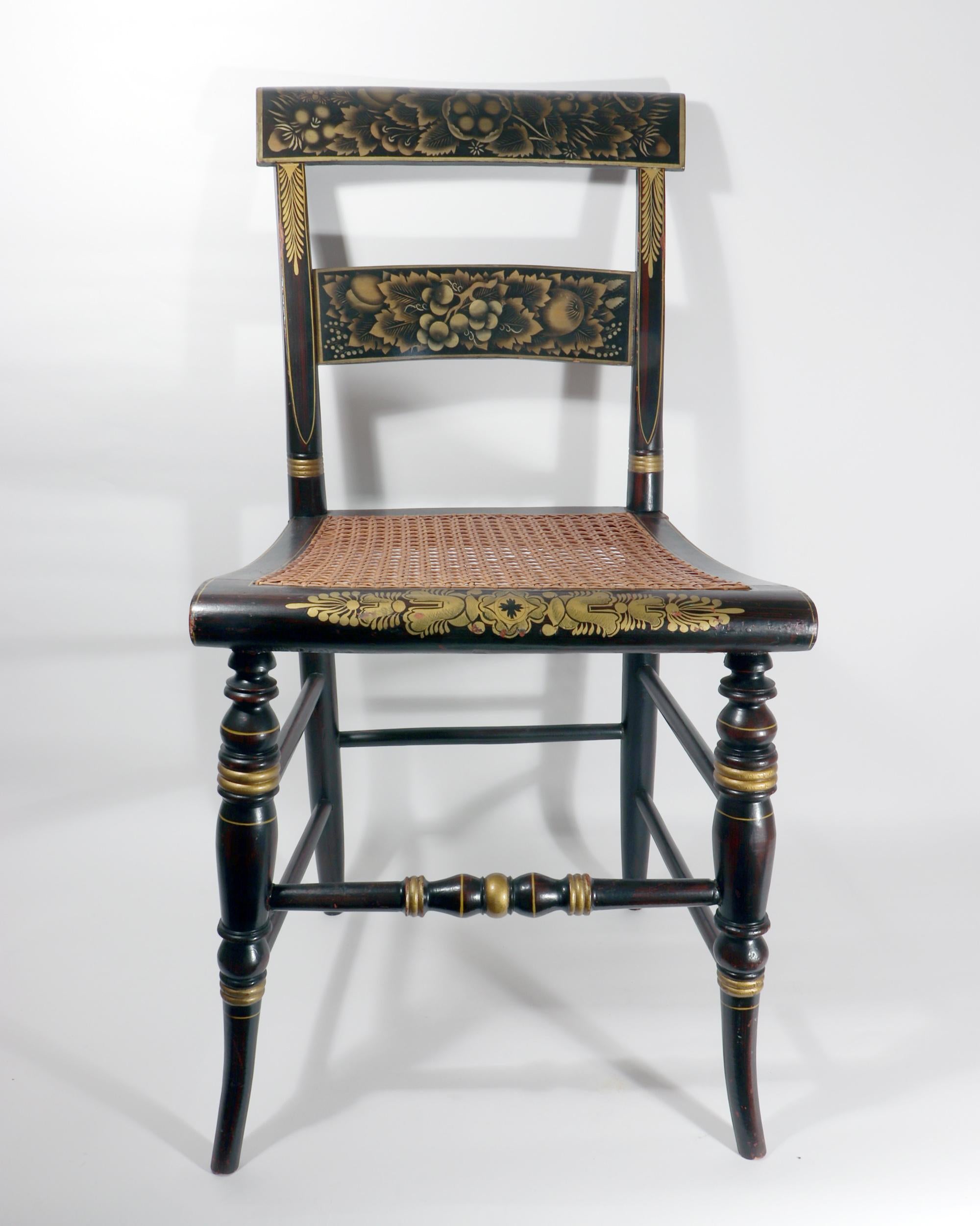 Six New England Hitchcock Chairs Rosewood Painted & Stenciled Flowering Plants For Sale 1