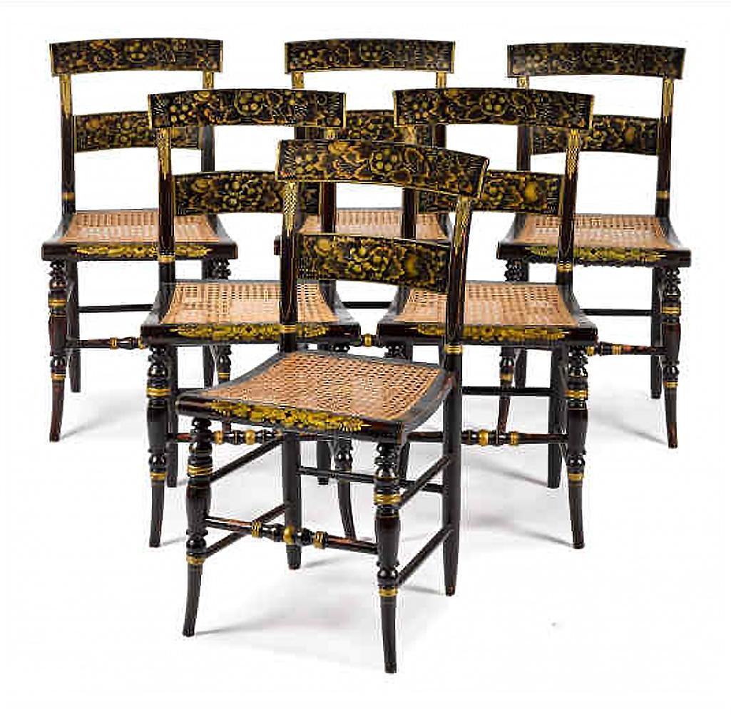 New England Hitchcock chairs,
Set of Six,
Most likely Connecticut,
Circa 1840

The set of six side chairs have stenciled gilt decorations of flowering plants and leaves on a faux rosewood ground with yellow pin-striping. The gilt stenciling of