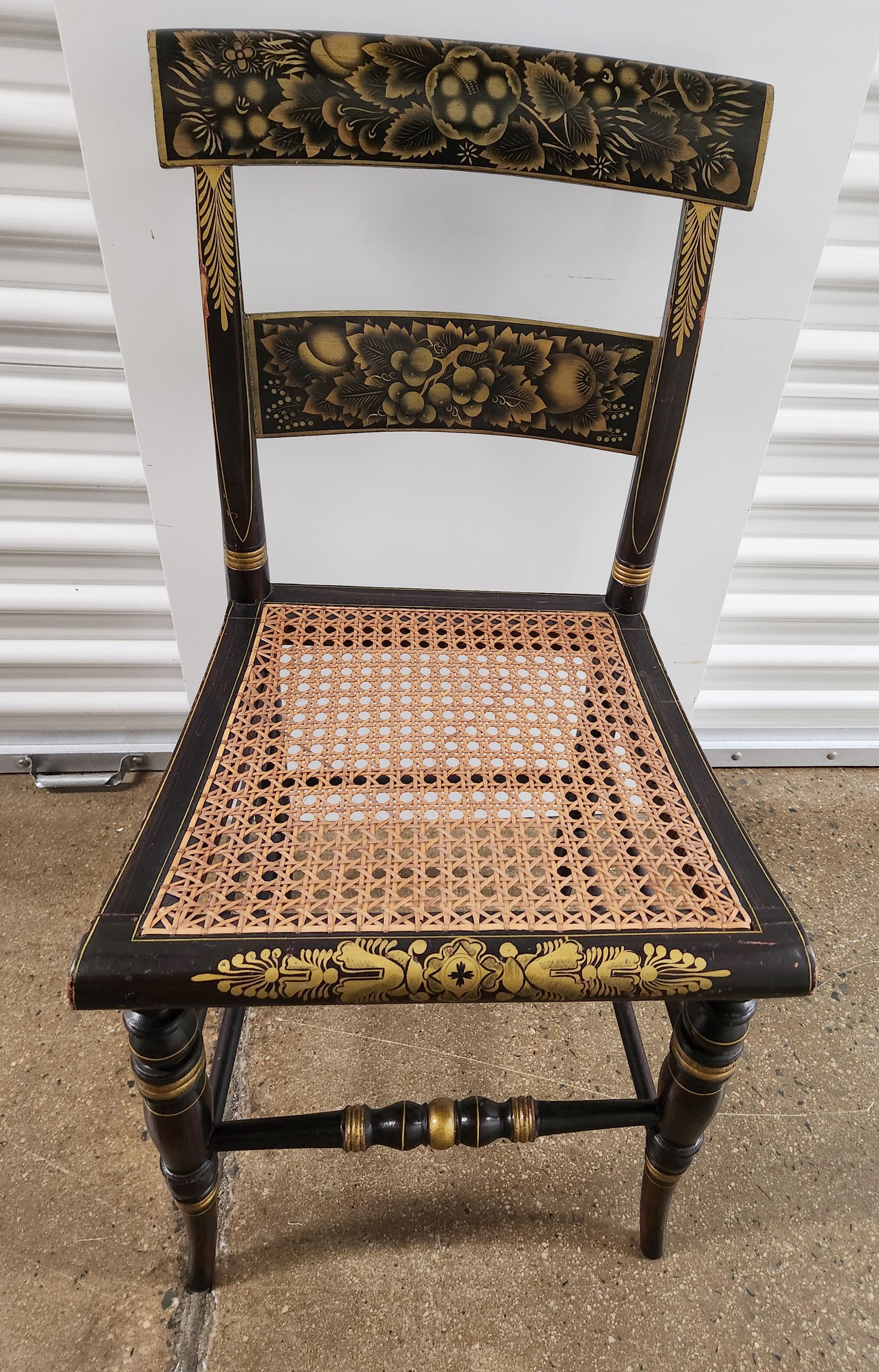 American Classical Six New England Hitchcock Chairs Rosewood Painted & Stenciled Flowering Plants For Sale