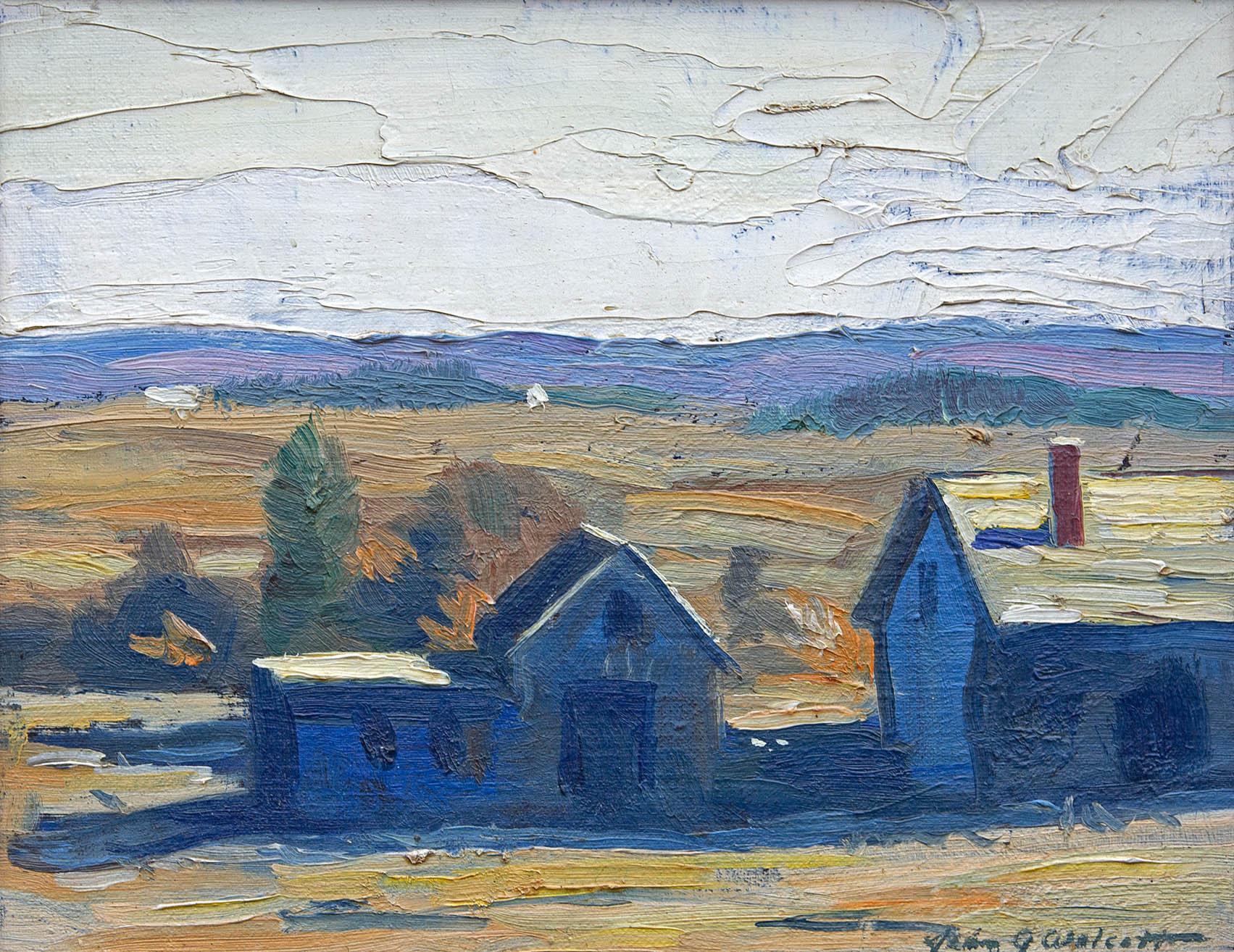 Landscape by New England painter John Wolcott. Bright painting with impasto. Oil on board. Original frame, circa 1920s.

John Gilmore Wolcott, painter, portrait painter, cartoonist, lecturer, teacher, writer, and muralist — was born in Cambridge,