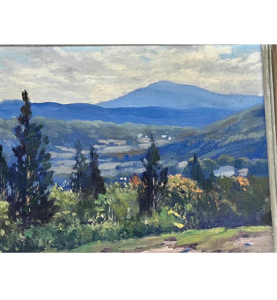 CHARLES GORDON HARRIS (RI, 1891-1963). Stunning open air oil on board landscape of the New England countryside. Likely Vermont in the Spring. Original frame. Great collector piece