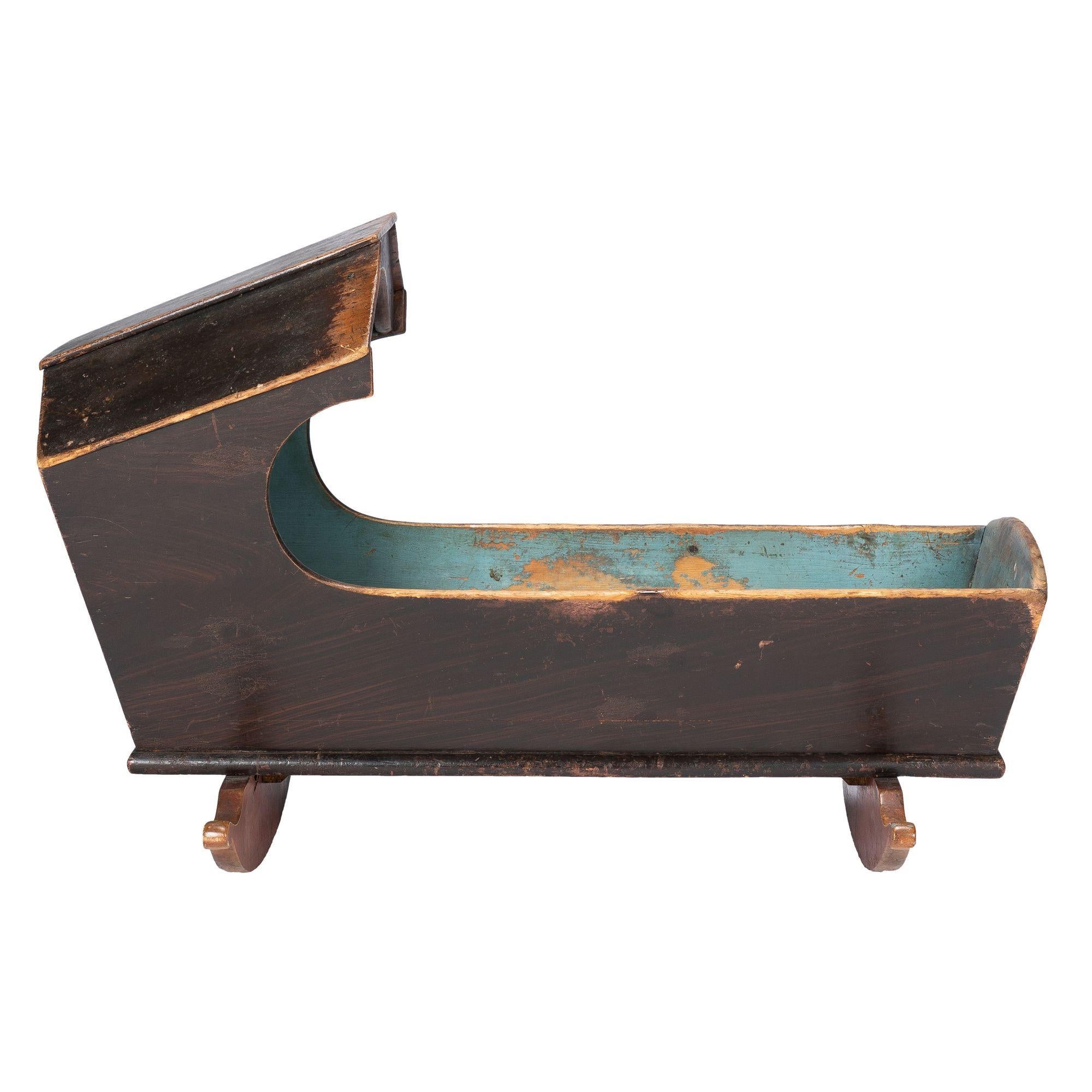 18th Century New England painted and grained hooded rocking cradle, 1780-1810 For Sale