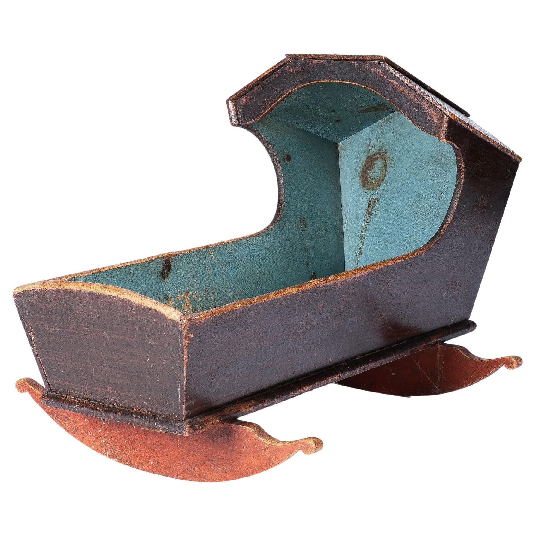 New England painted and grained hooded rocking cradle, 1780-1810 For Sale