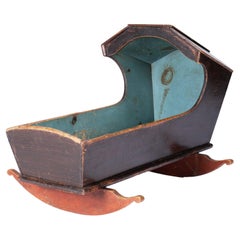 Antique New England painted and grained hooded rocking cradle, 1780-1810