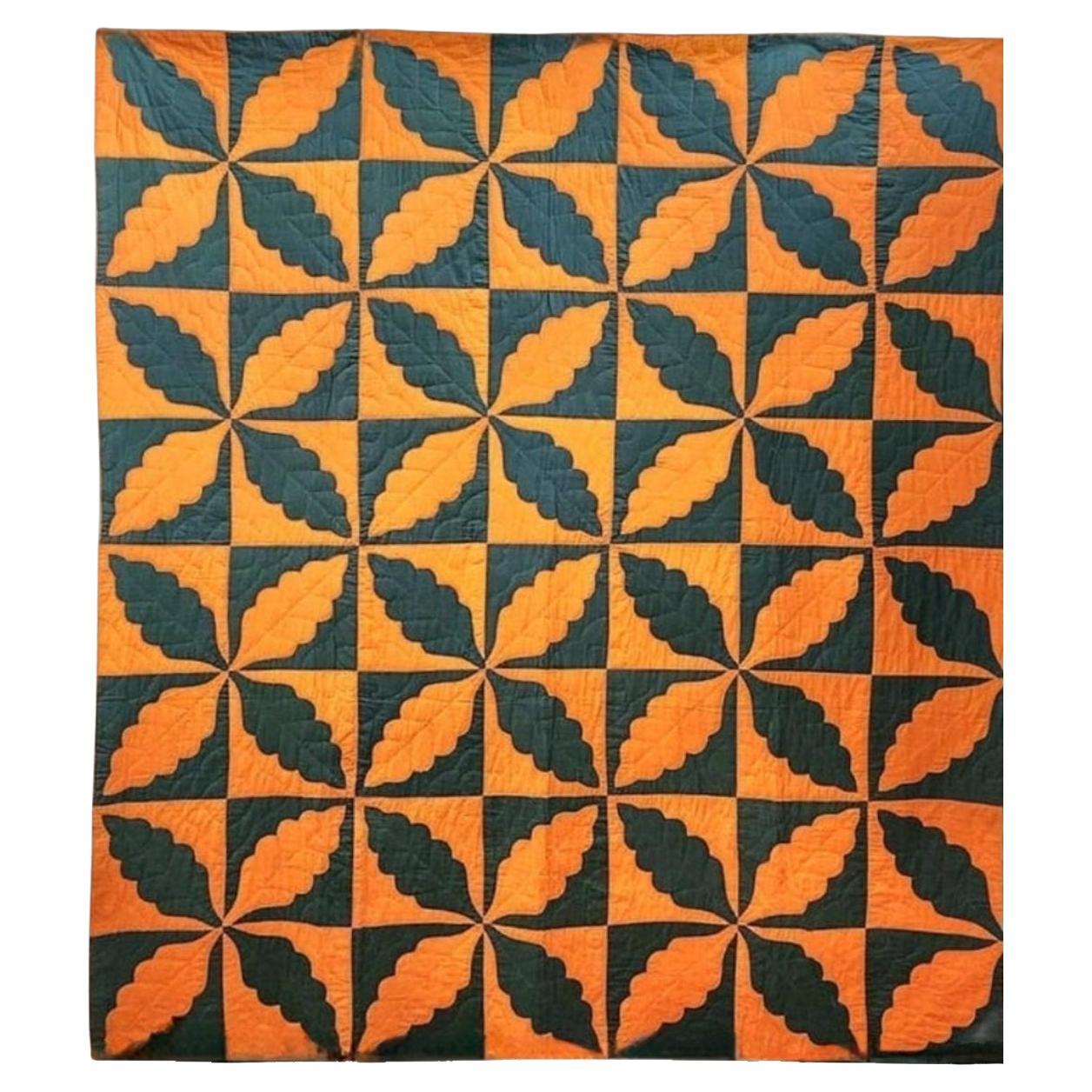 Colcha de Nueva Inglaterra Patrón de hojas de roble Circa 1900