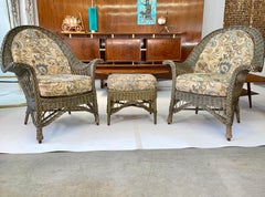 New England Reed Co. Pair Wicker Armchairs and Ottoman