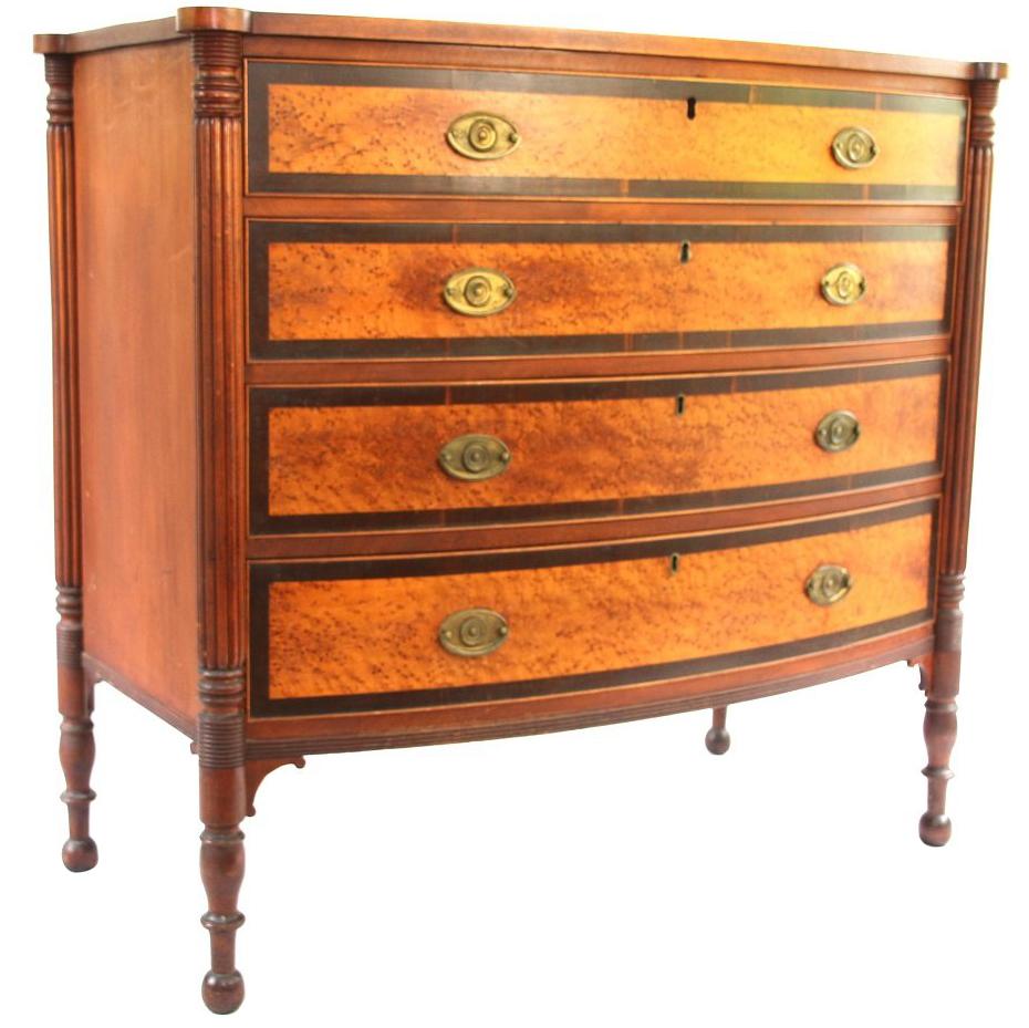 New England Sheraton Birch and Birdseye Maple Bow Front Chest of Drawers For Sale
