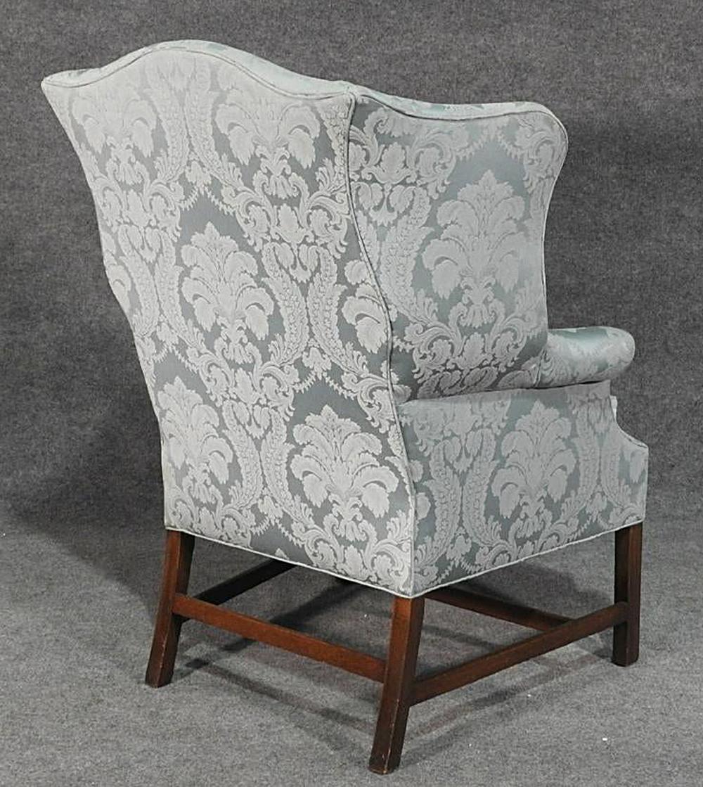 American New England Style Mahogany Hepplewhite Wing Chair with Damask Upholstery