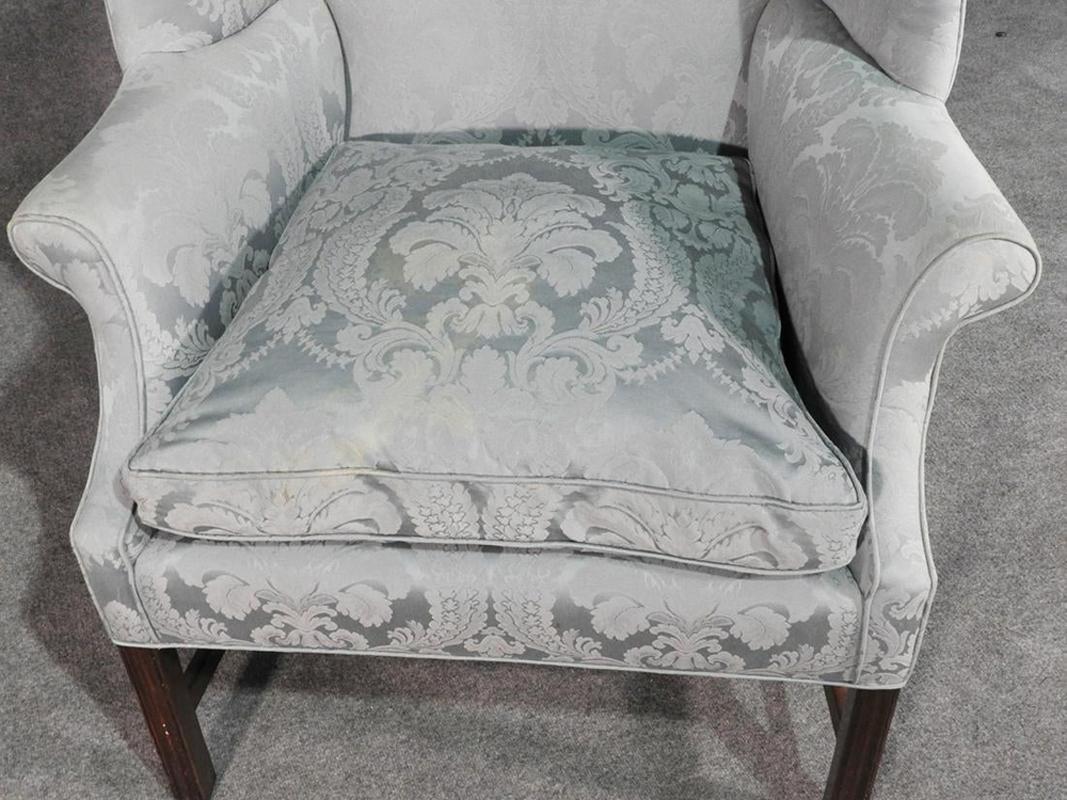Early 20th Century New England Style Mahogany Hepplewhite Wing Chair with Damask Upholstery