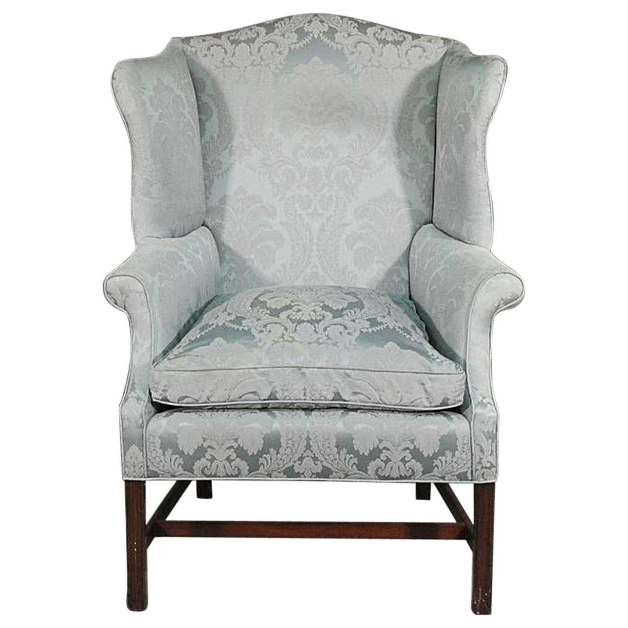 New England Style Mahogany Hepplewhite Wing Chair with Damask Upholstery