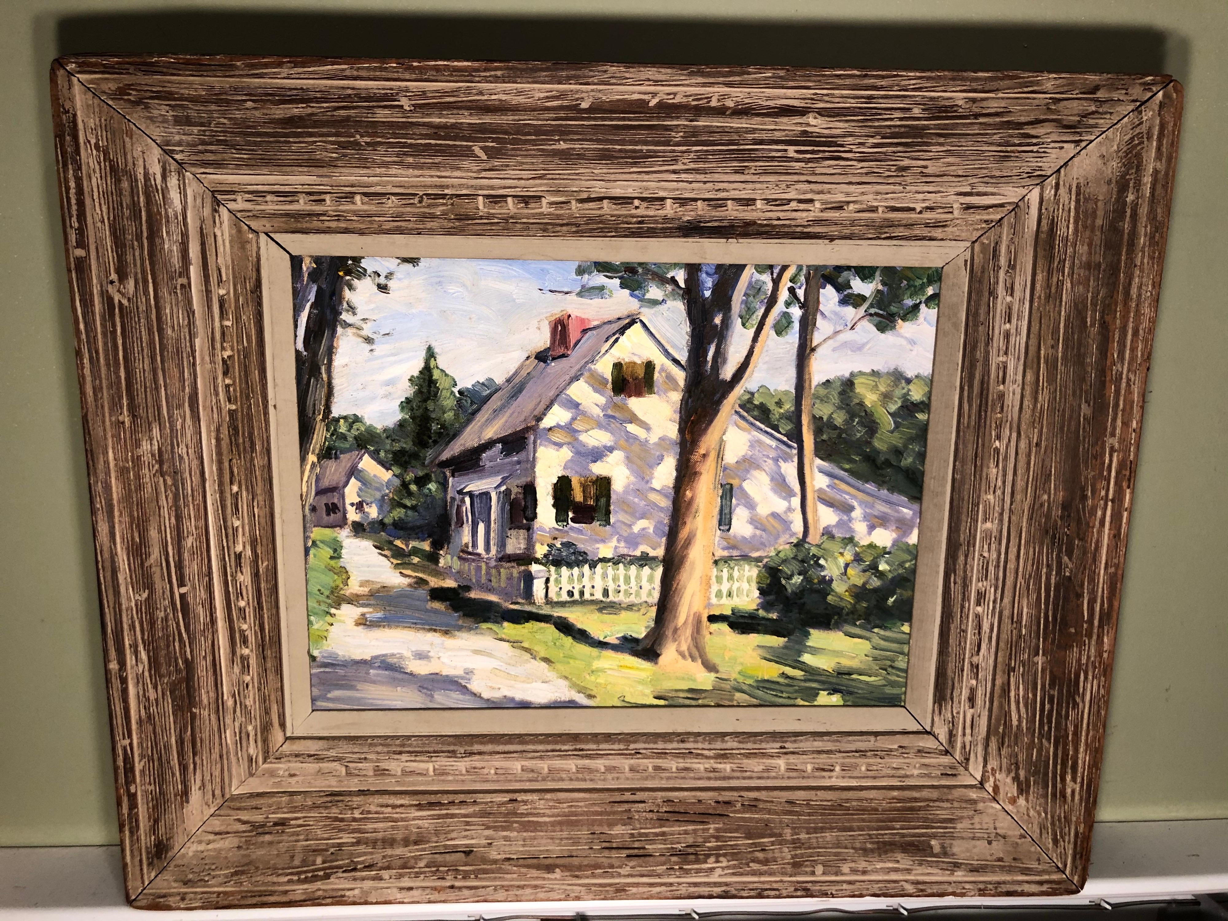 New England Summer Home Painting. Classic Americana of a cape house in the summer. Oil on canvas house in a very thick, solid wooden frame.