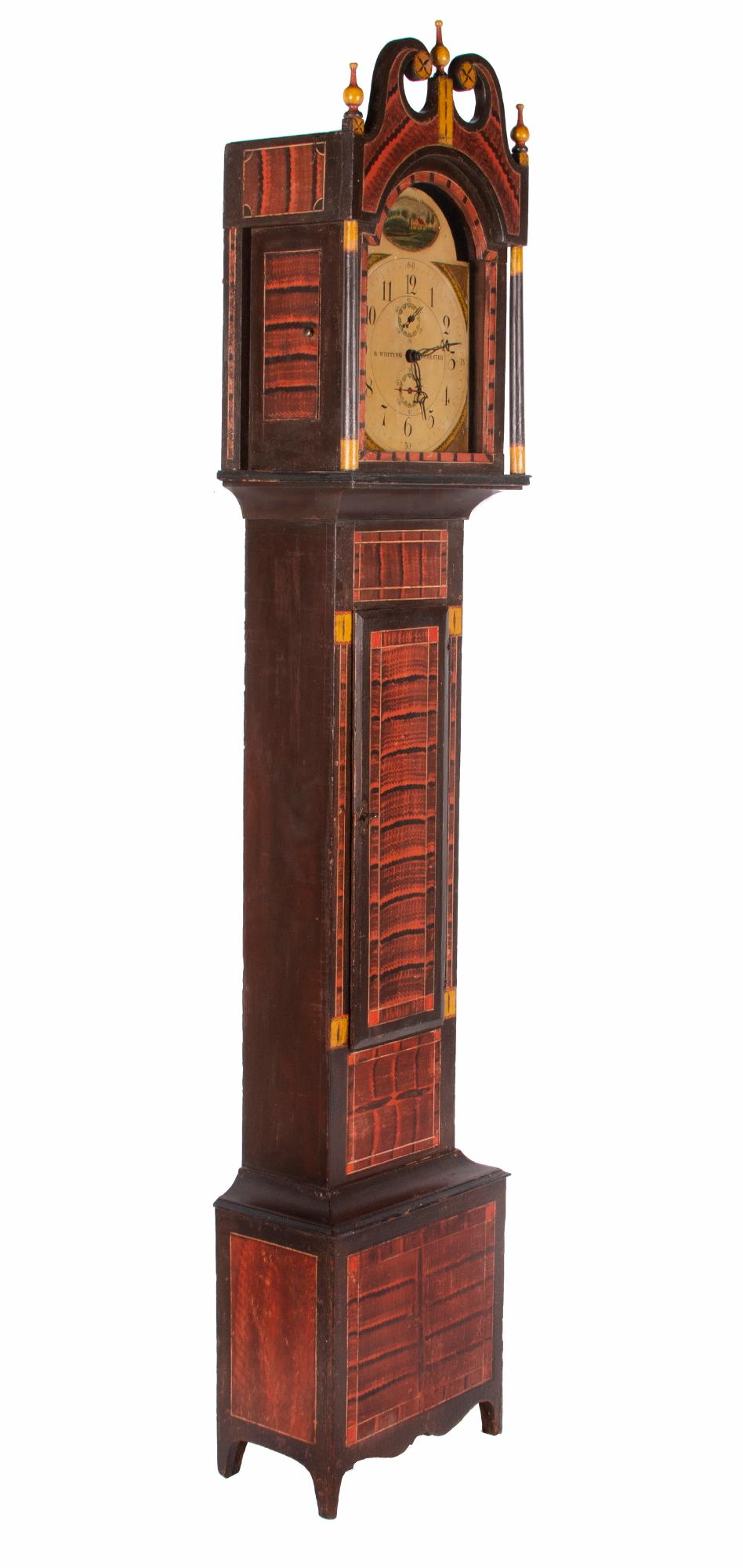Exuberantly painted, New England tall case clock in dark umber, red, & chrome yellow decoration, with wooden works by riley whiting, Plymouth, Connecticut, ca 1819-1835

This wonderful tall case clock is one of a known and very special group of