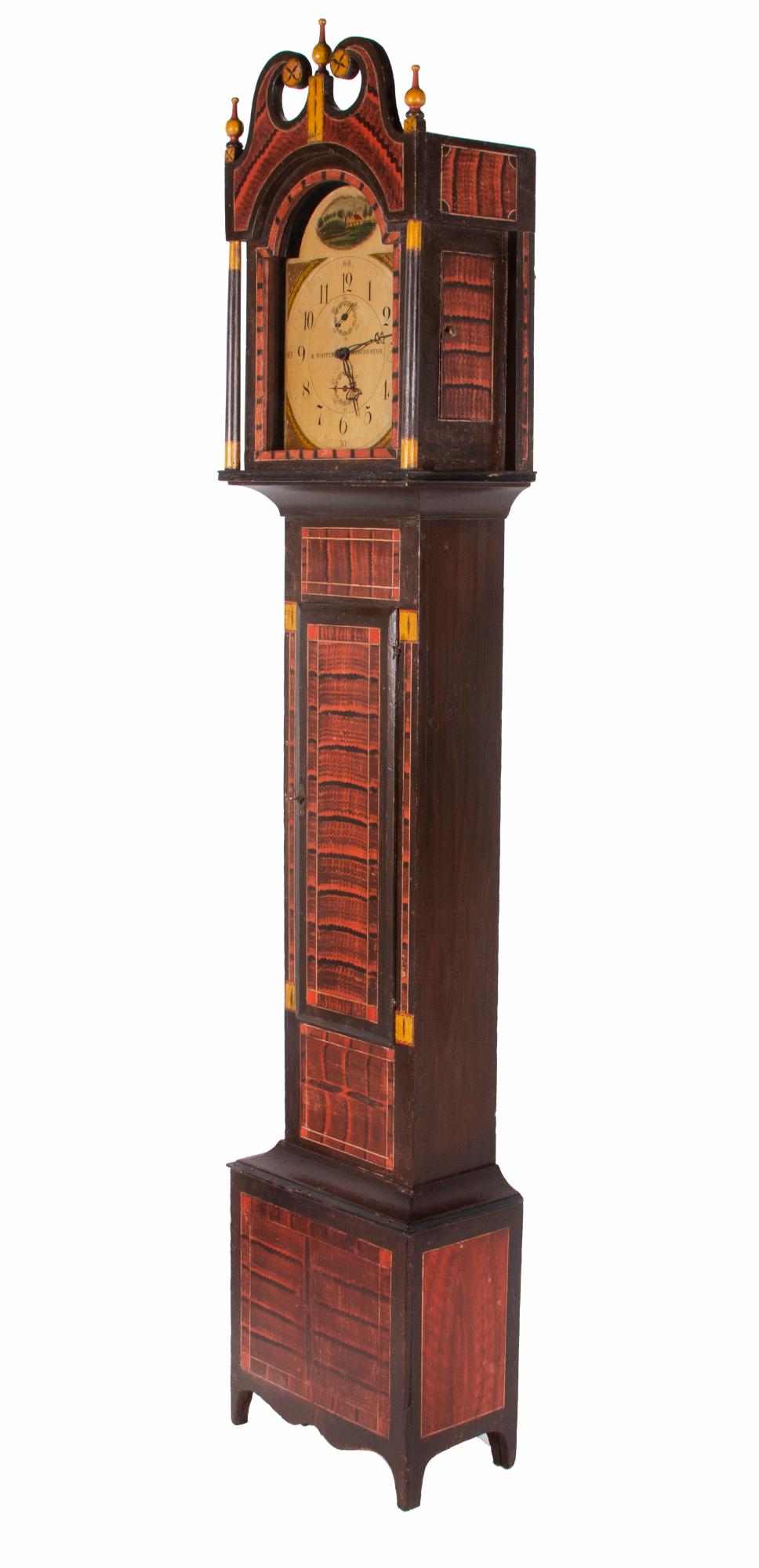 Americano Orologio a cassa alta del New England, opera in legno di Riley Whiting, 1819-1835 ca. in vendita