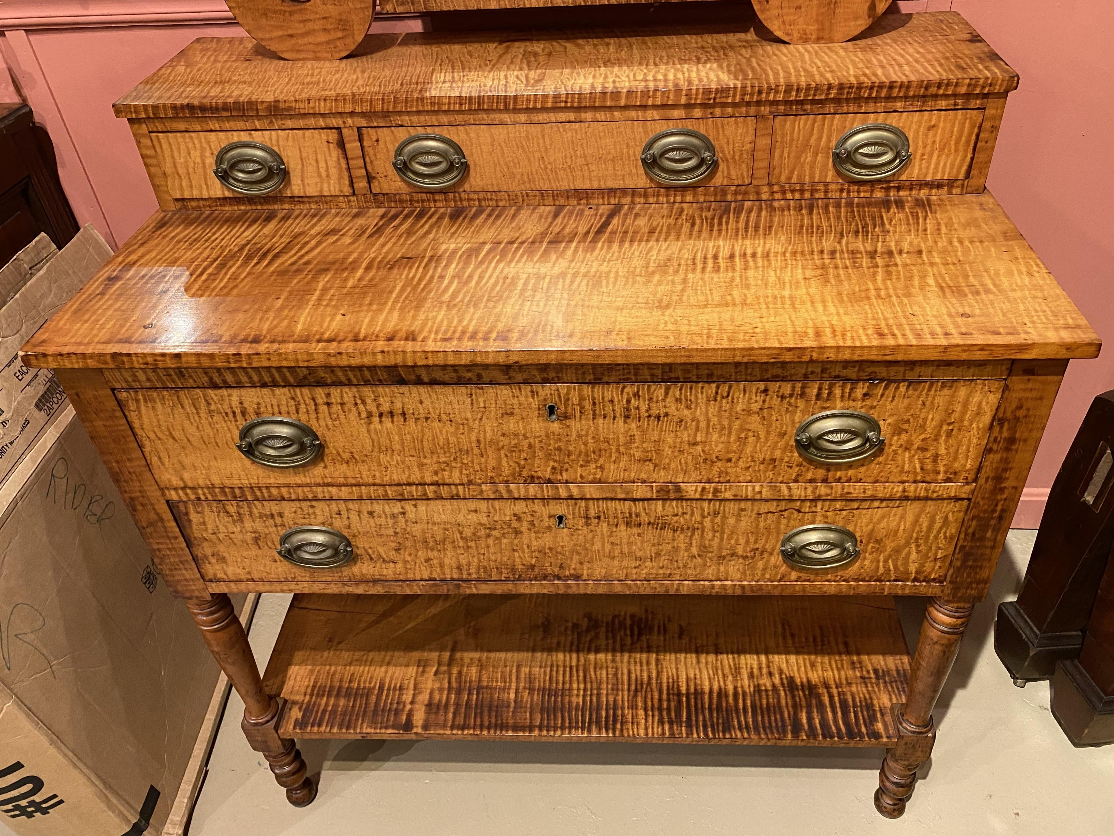 Federal New England Tiger Maple Five Drawer Dressing Chest with Mirror circa 1810