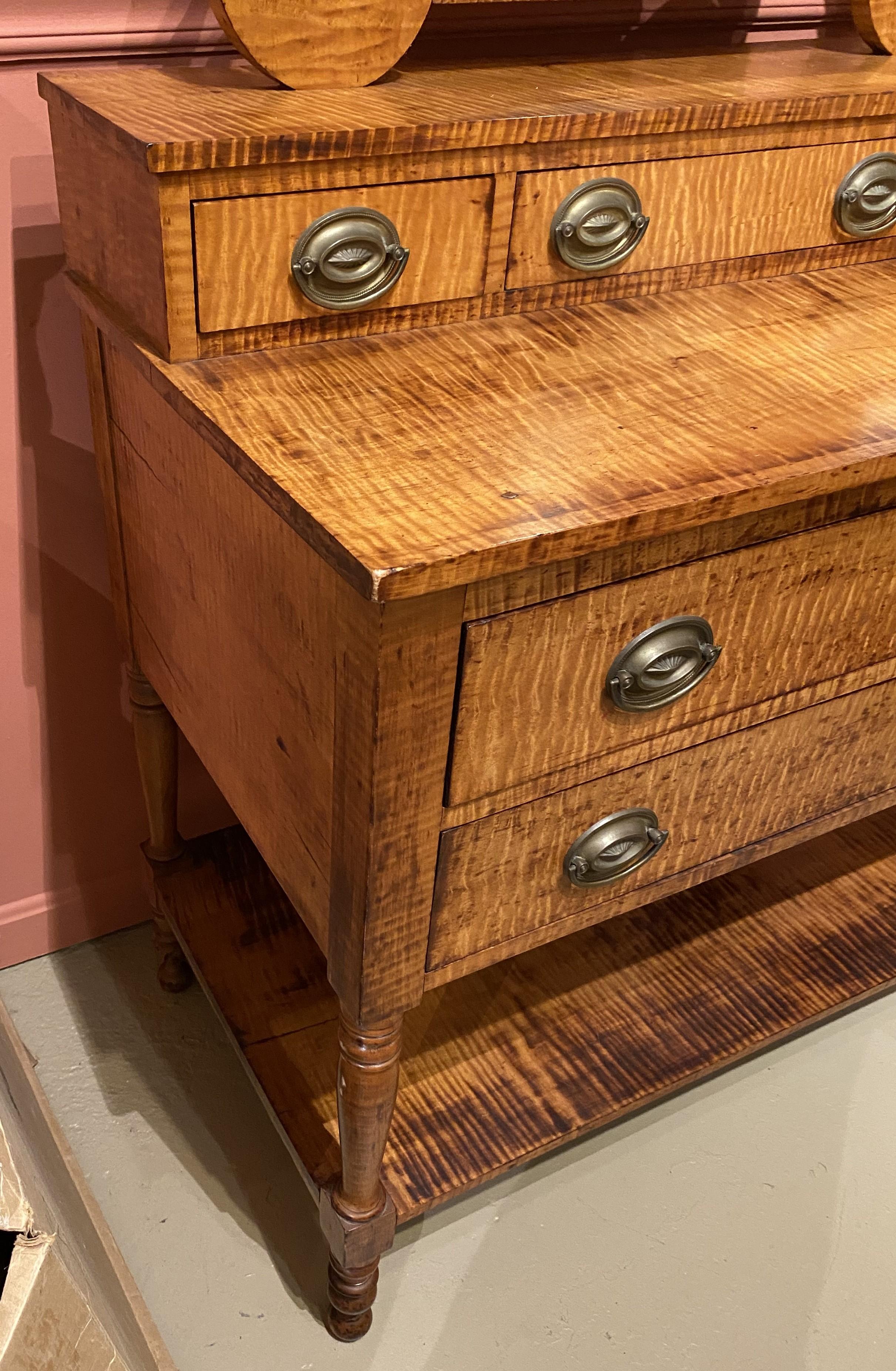 American New England Tiger Maple Five Drawer Dressing Chest with Mirror circa 1810
