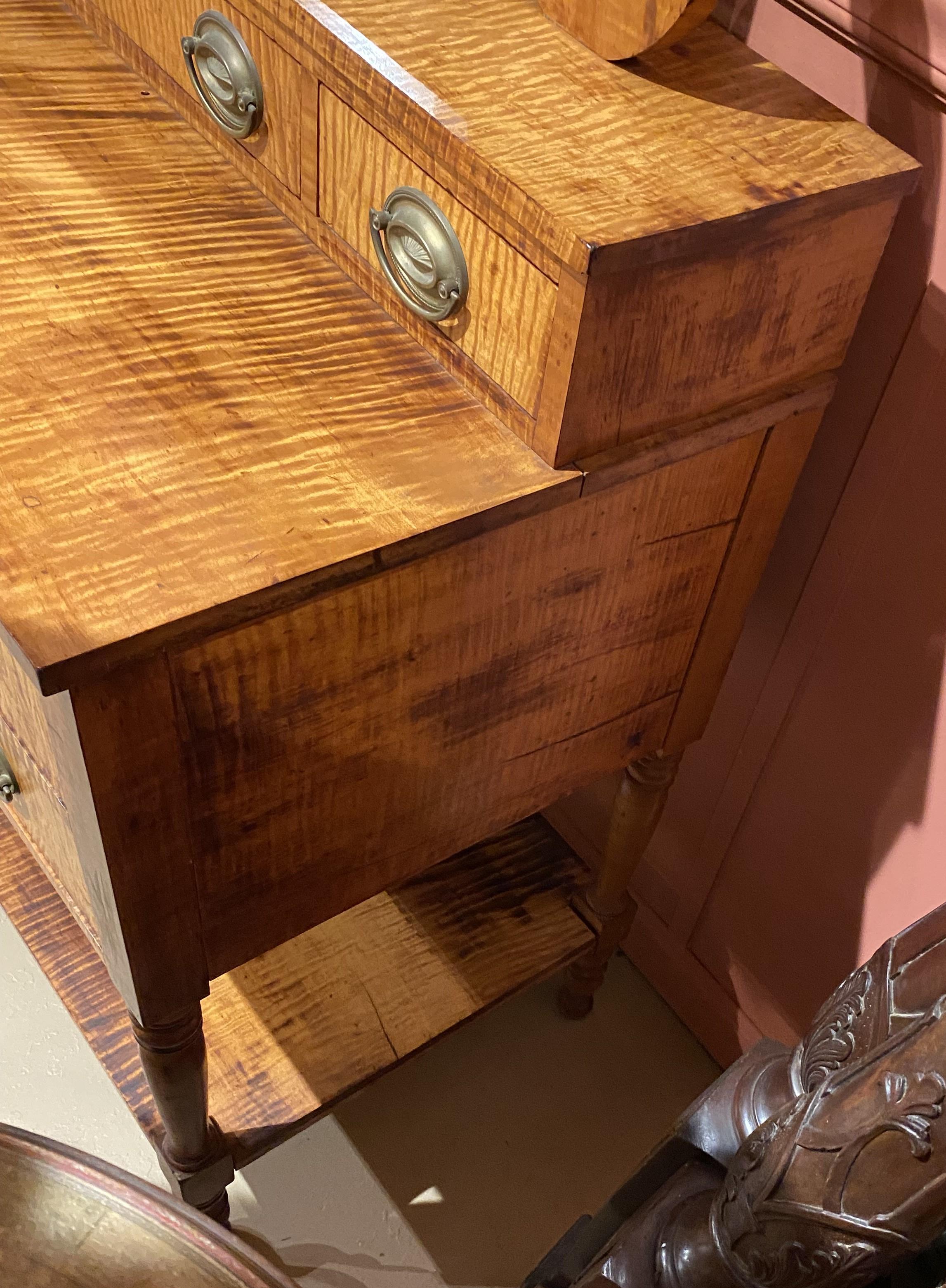 Hand-Carved New England Tiger Maple Five Drawer Dressing Chest with Mirror circa 1810