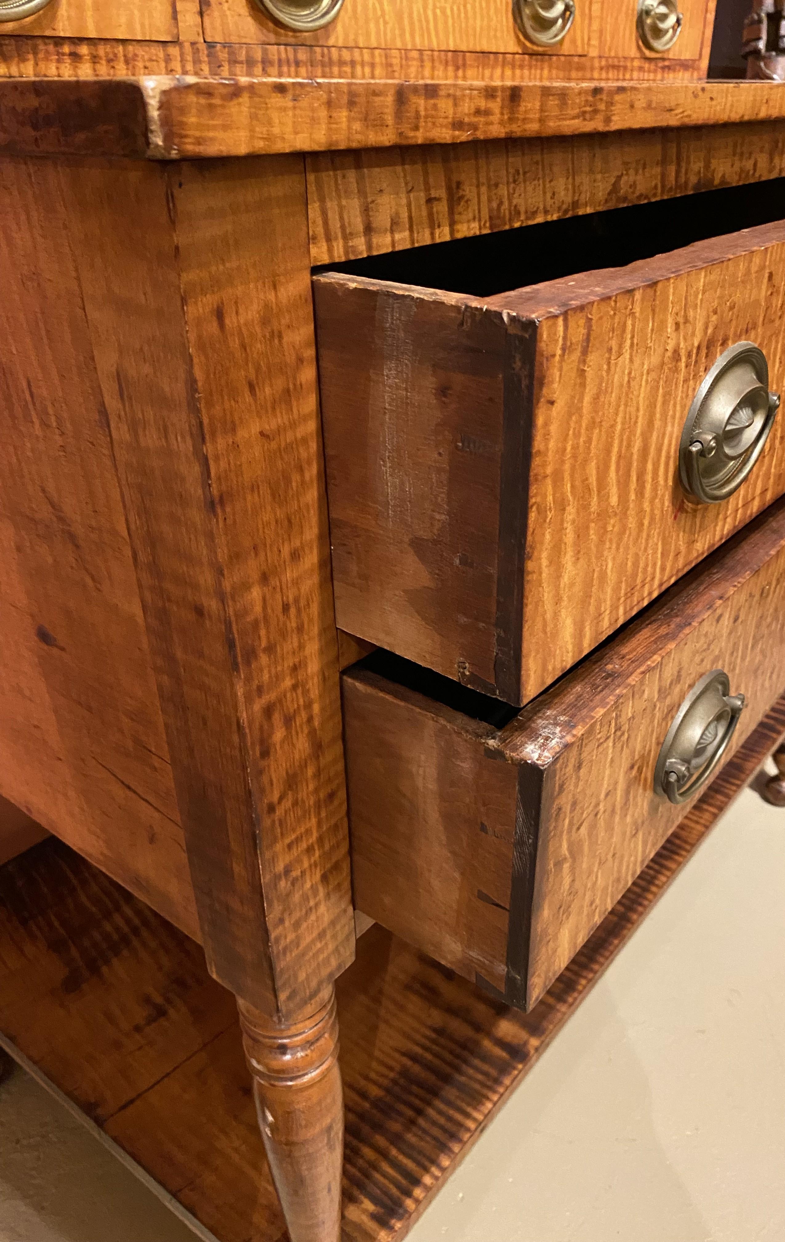 Early 19th Century New England Tiger Maple Five Drawer Dressing Chest with Mirror circa 1810