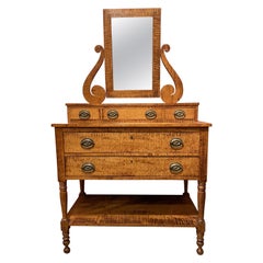 New England Tiger Maple Five Drawer Dressing Chest with Mirror circa 1810