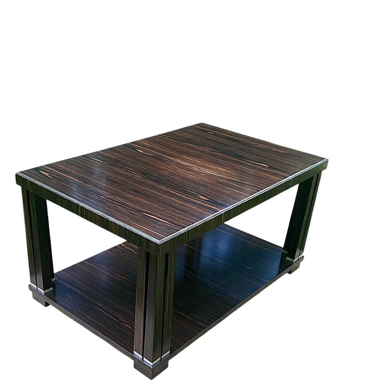 New English 2-Tier Art Deco Style Macassar Ebony Coffee Table with Silver Bands For Sale