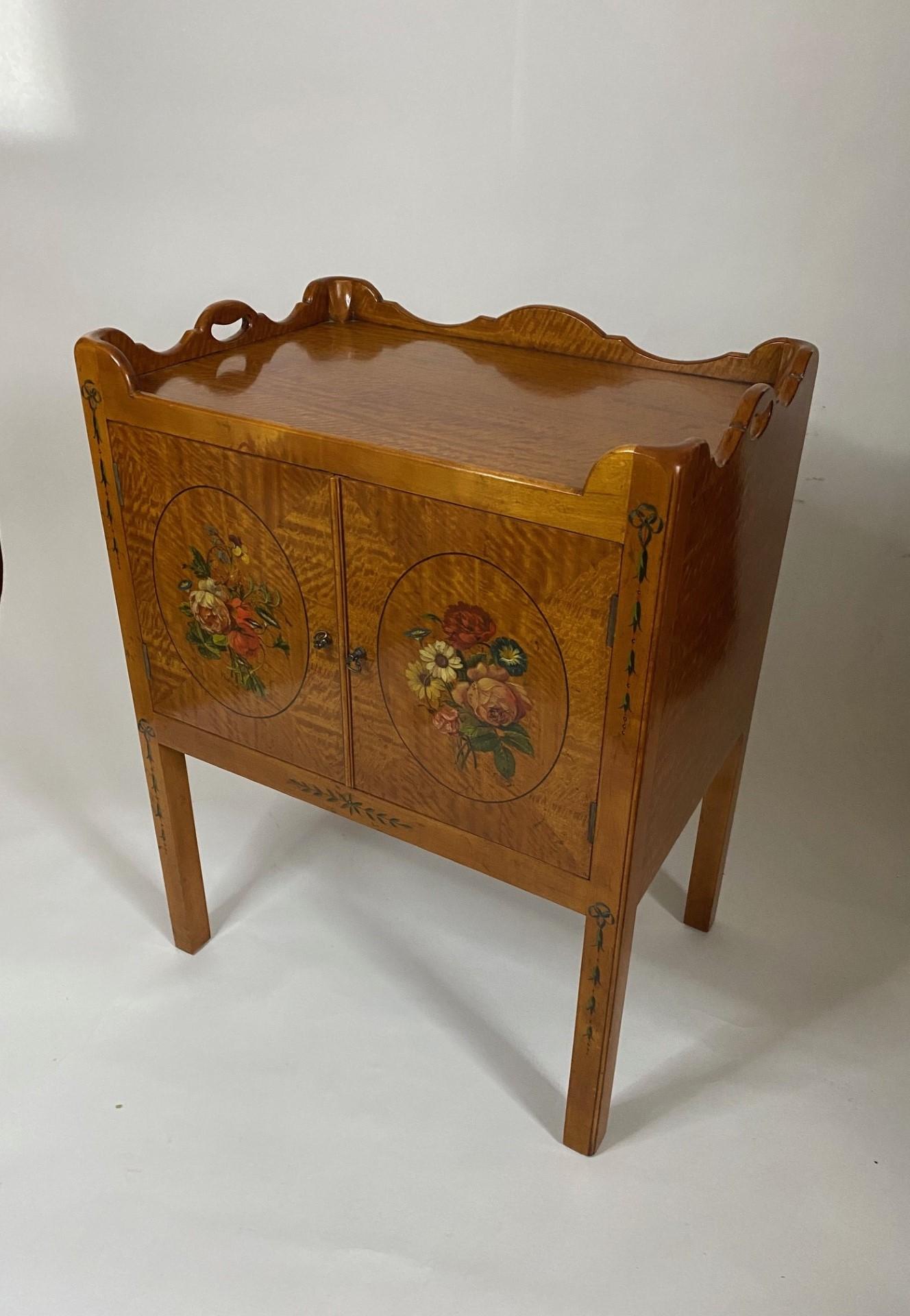 NEW Wood & Hogan  English-Made Satinwood Hand Decorated Two Door Pot Cupboard with Tray Top. Wonderful Detail to Hand Painted Floral Decoration.  A superb example of finely made furniture!  