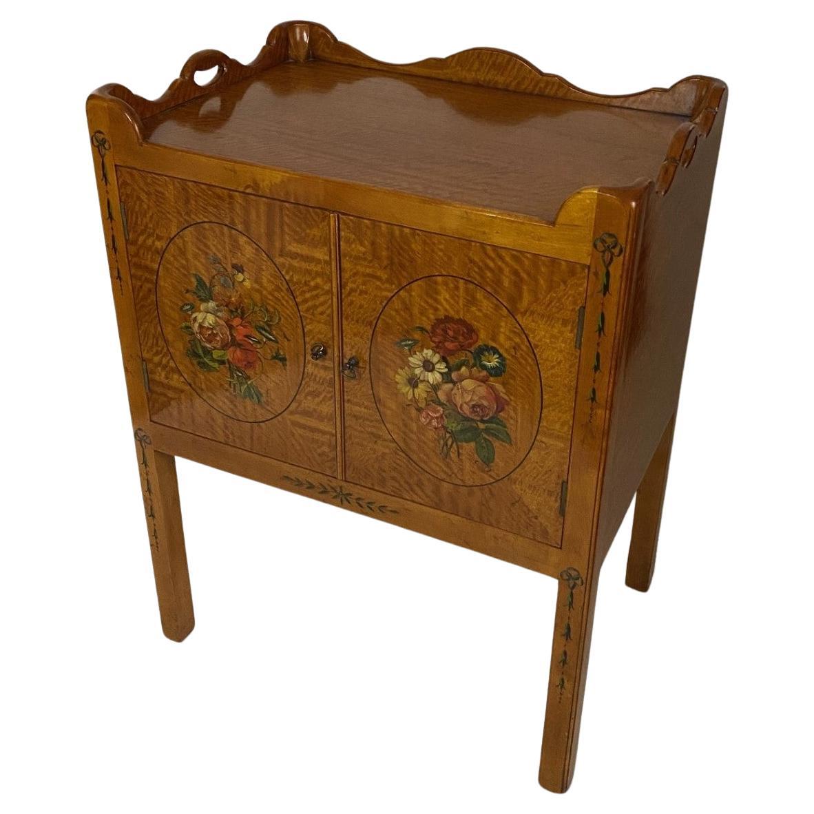 New English Satinwood Georgian Style Pot Cupboard with Hand-Painted Decoration  For Sale