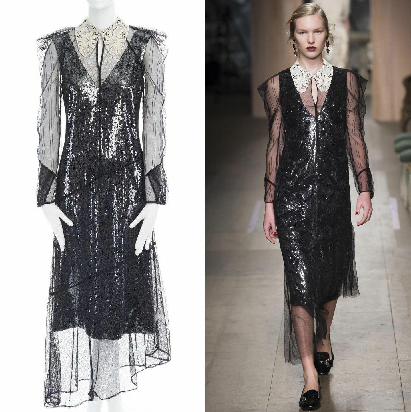 new ERDEM Runway AW16 silver sequins lined lace collar puff shoulder dress US4 S
ERDEM
FROM THE FALL WINTER 2016 RUNWAY
Silver sequins slip dress lining. 
Black mesh sheer outer. 
Cream lace oversized collar. 
Puff shoulder. 
Long sleeve. 
Diagonal