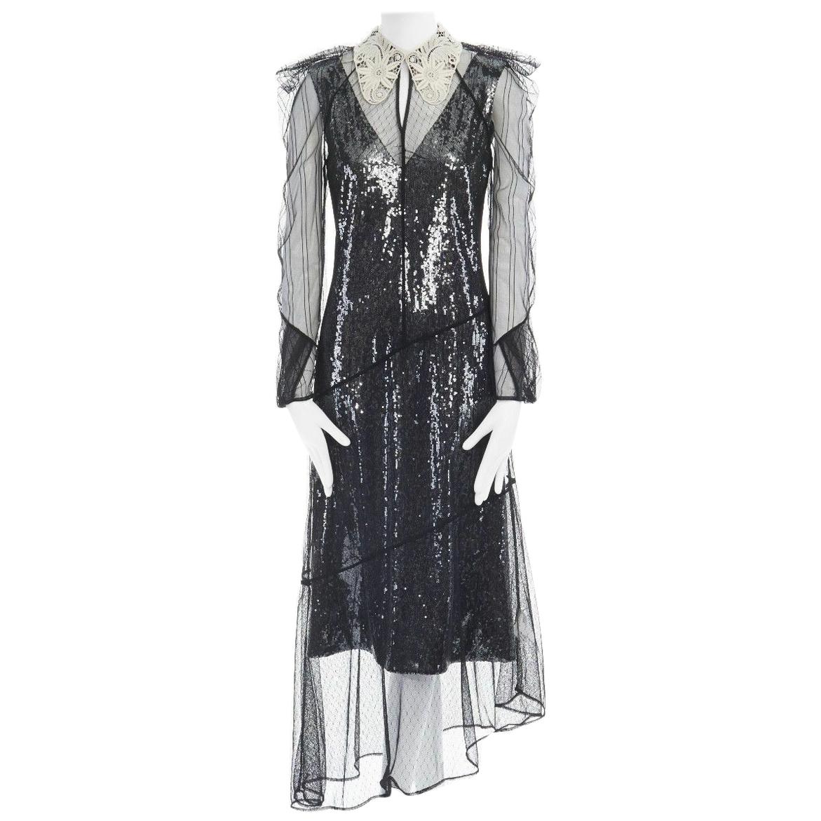 new ERDEM Runway AW16 silver sequins lined lace collar puff shoulder dress US4 S