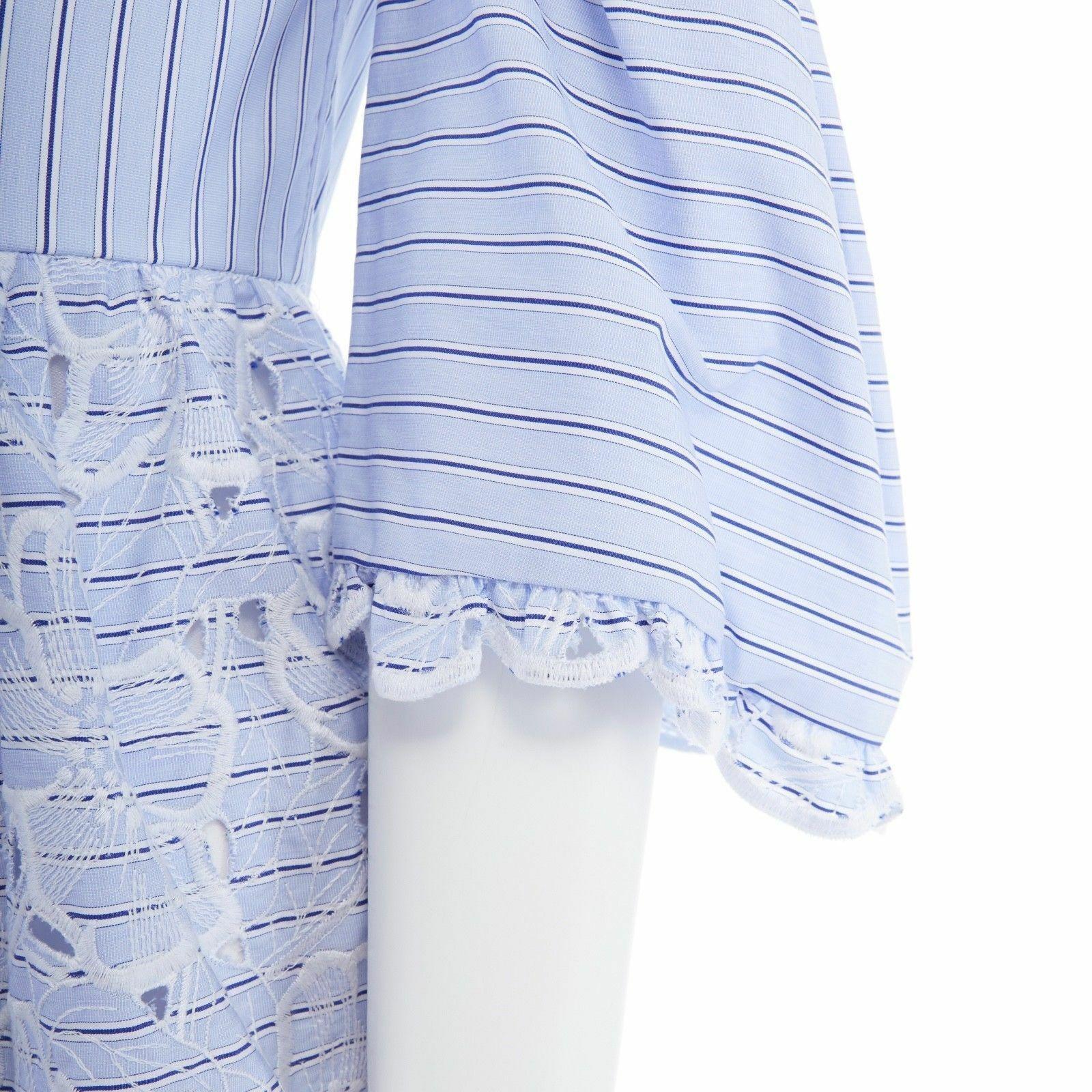 new ERDEM Runway blue striped cotton floral embroidery off shoulder dress US4 S 5