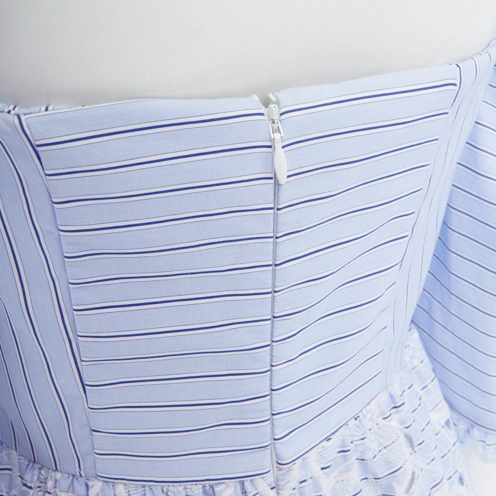 new ERDEM Runway blue striped cotton floral embroidery off shoulder dress US4 S 6