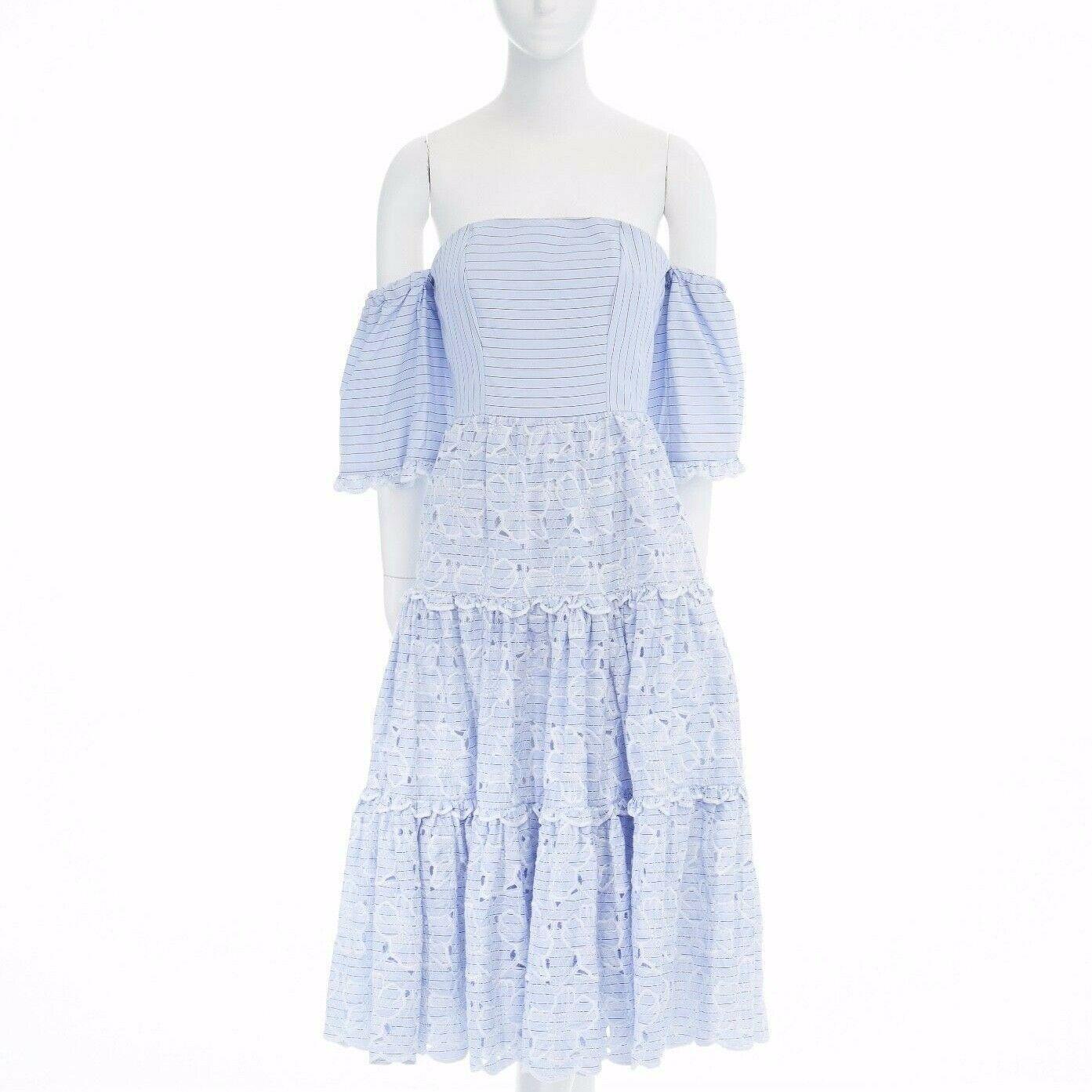 new ERDEM Runway blue striped cotton floral embroidery off shoulder dress US4 S In Good Condition In Hong Kong, NT