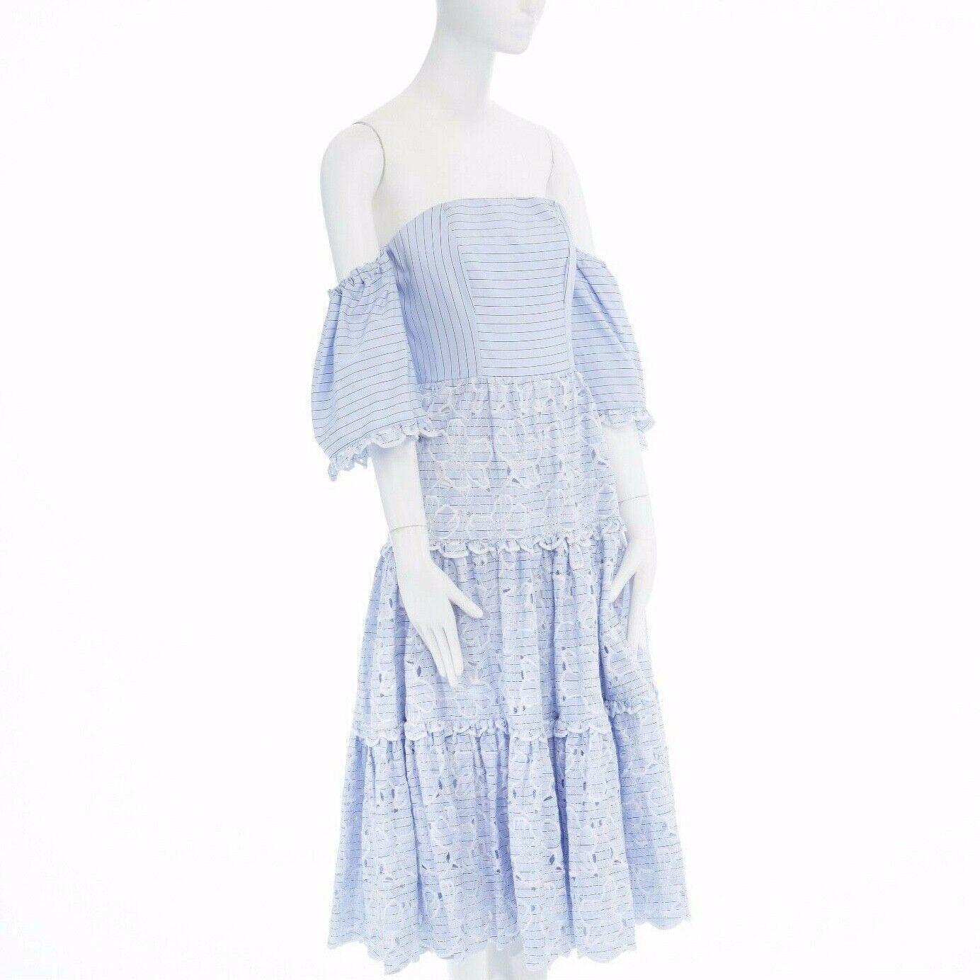 Women's new ERDEM Runway blue striped cotton floral embroidery off shoulder dress US4 S