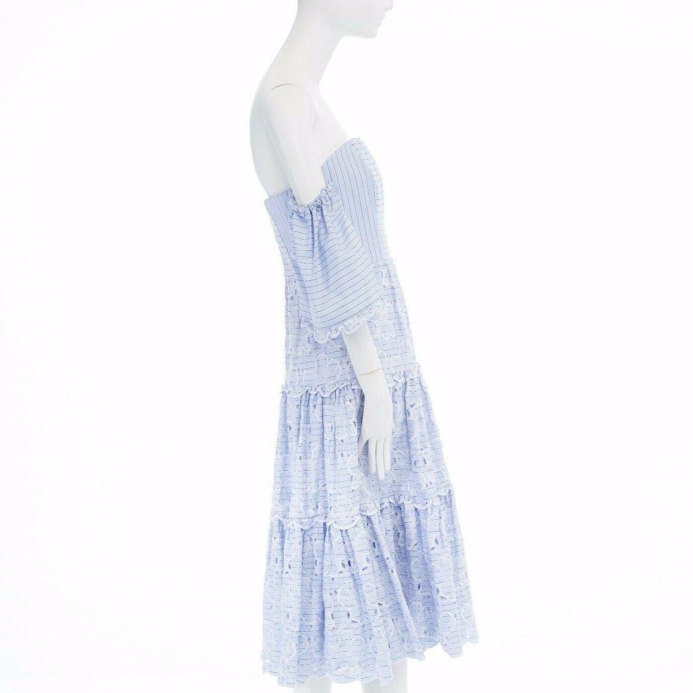 new ERDEM Runway blue striped cotton floral embroidery off shoulder dress US4 S 1
