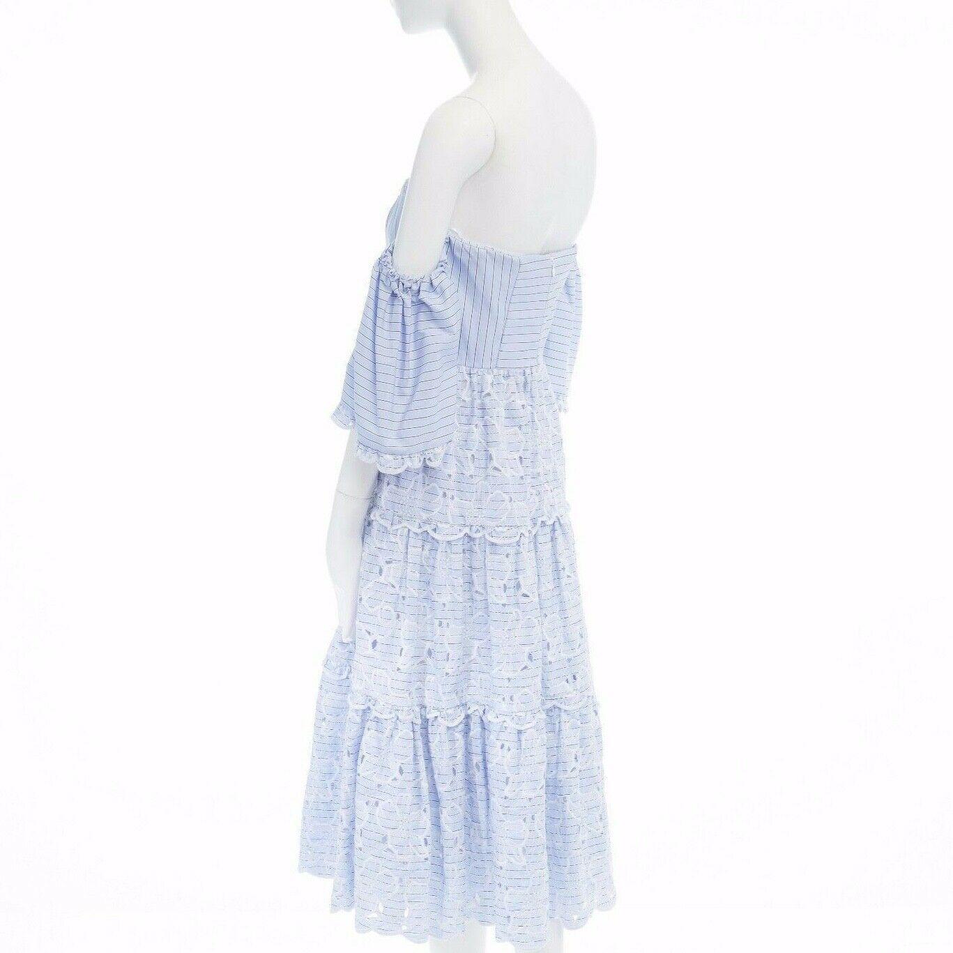 new ERDEM Runway blue striped cotton floral embroidery off shoulder dress US4 S 3