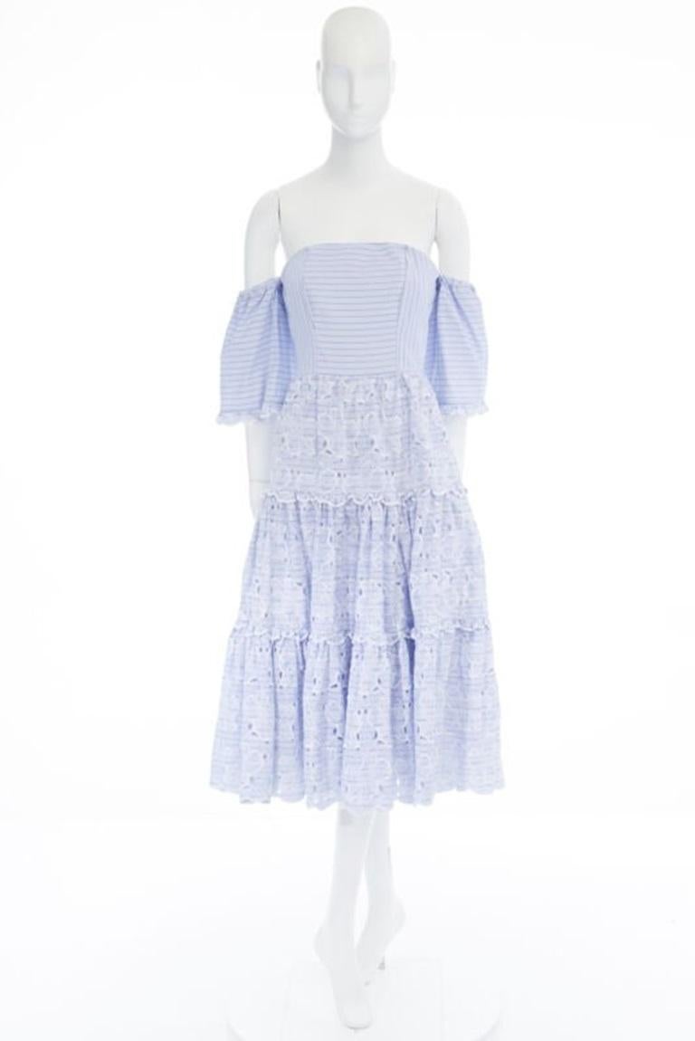 new ERDEM Runway blue striped floral embroidery off shoulder cotton dress US6 M For Sale 6