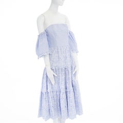 new ERDEM Runway blue striped floral embroidery off shoulder cotton dress US6 M