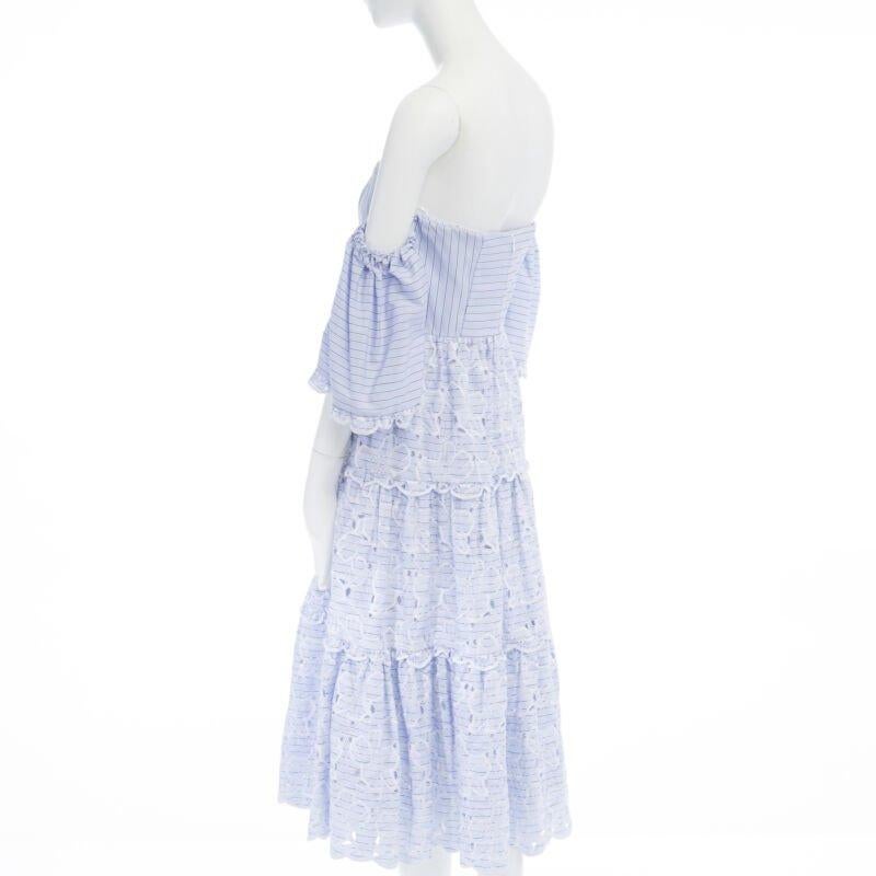 Women's new ERDEM Runway blue striped floral embroidery off shoulder cotton dress US6 M For Sale