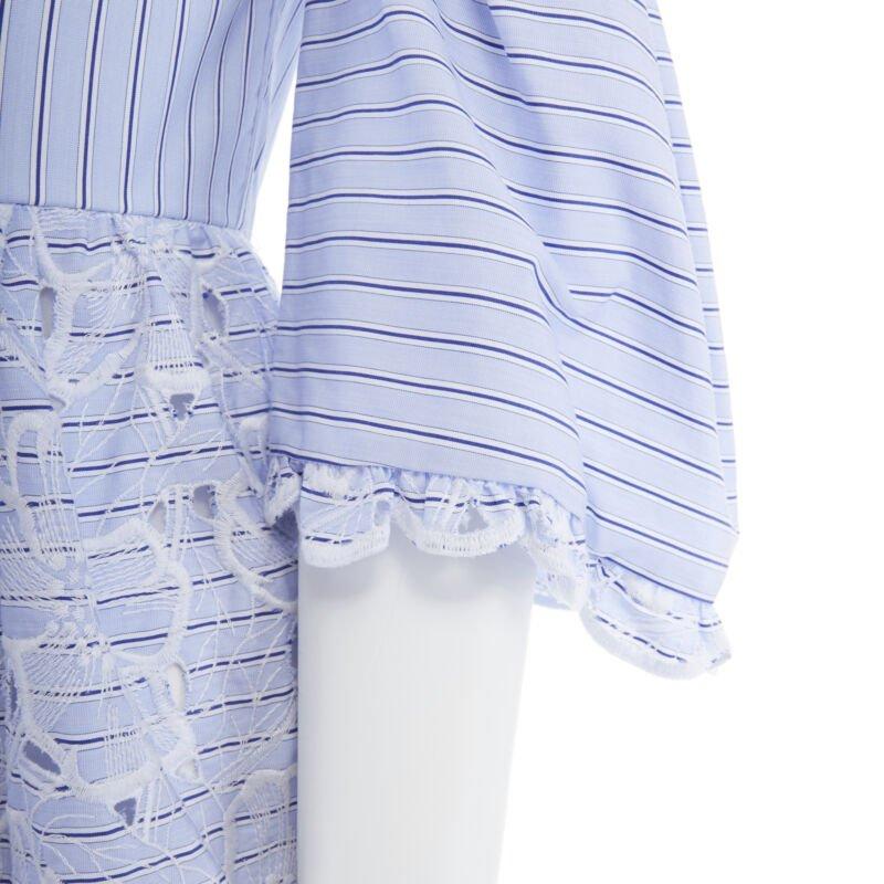 new ERDEM Runway blue striped floral embroidery off shoulder cotton dress US6 M For Sale 2