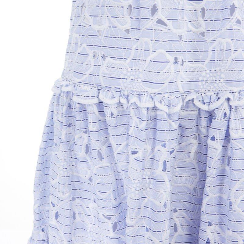 new ERDEM Runway blue striped floral embroidery off shoulder cotton dress US6 M For Sale 3