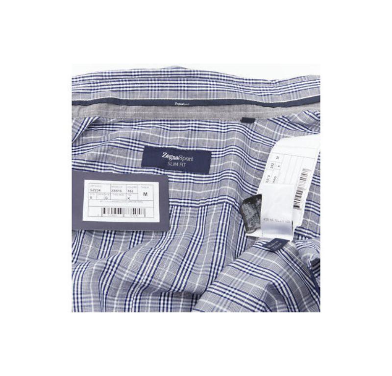 new ERMENEGILDO ZEGNA SPORT cotton silk grey blue white check slim fit shirt M For Sale 2