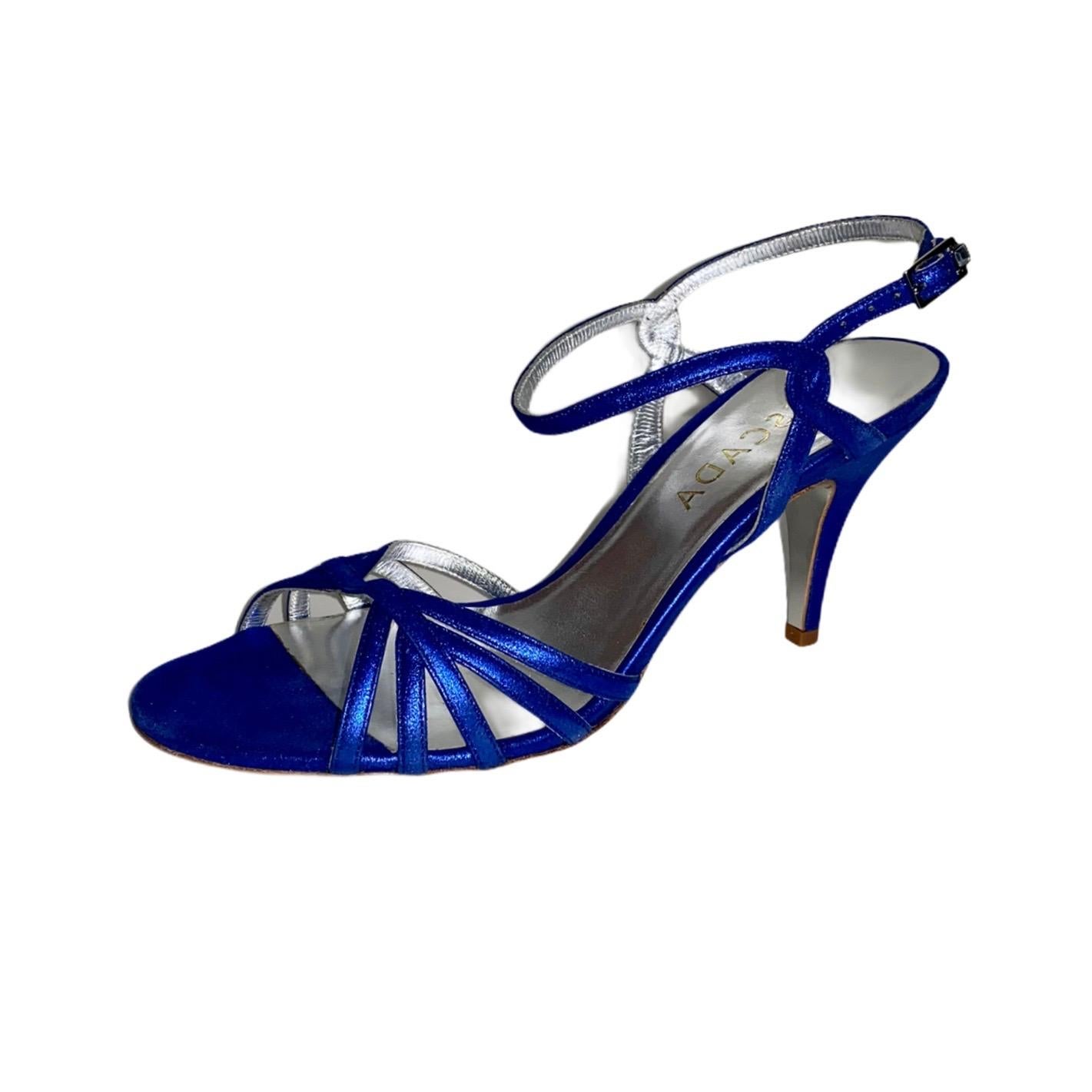 NEW Escada Blue Metallic Leather Strappy High Heels Sandals 38 For Sale