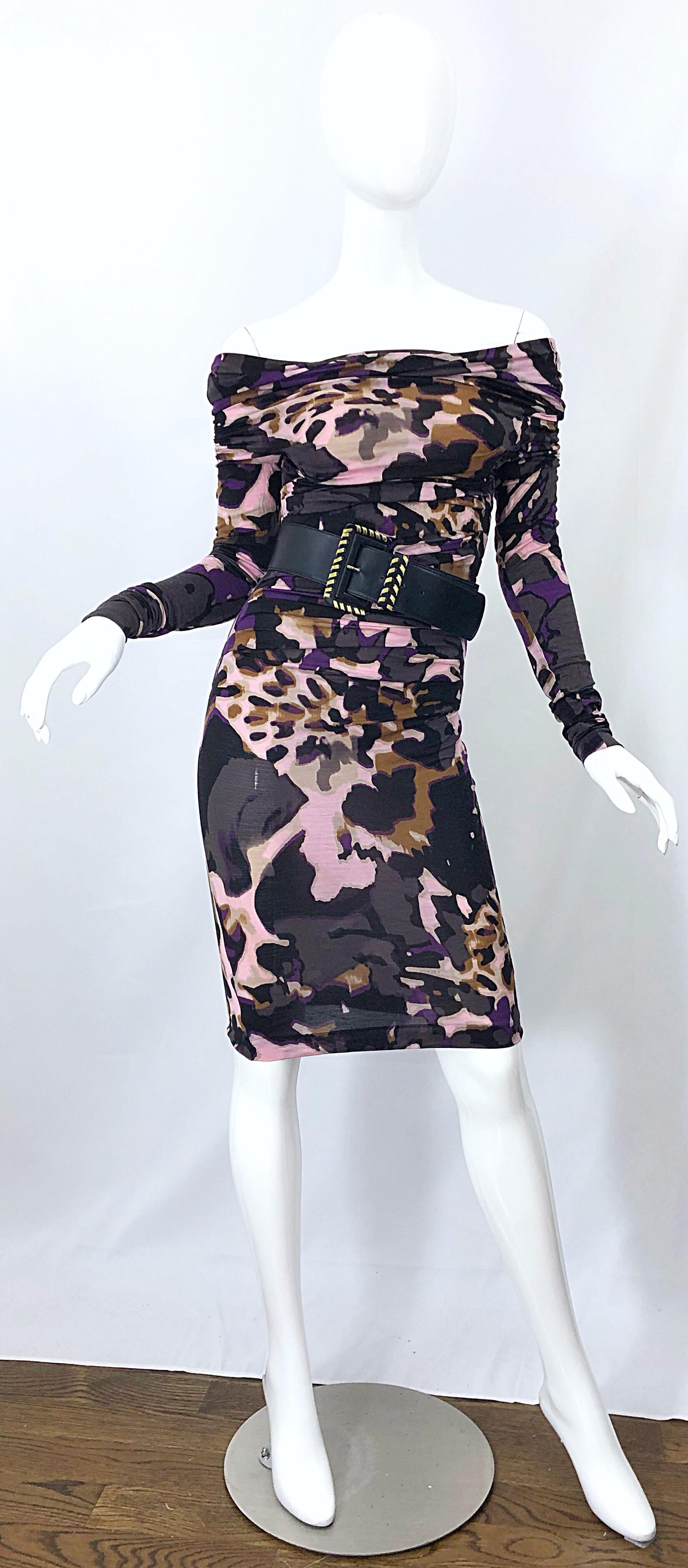 New ESCADA Multi Animal Leopard Print Lightweight Wool Off The Shoulder Dress For Sale 3