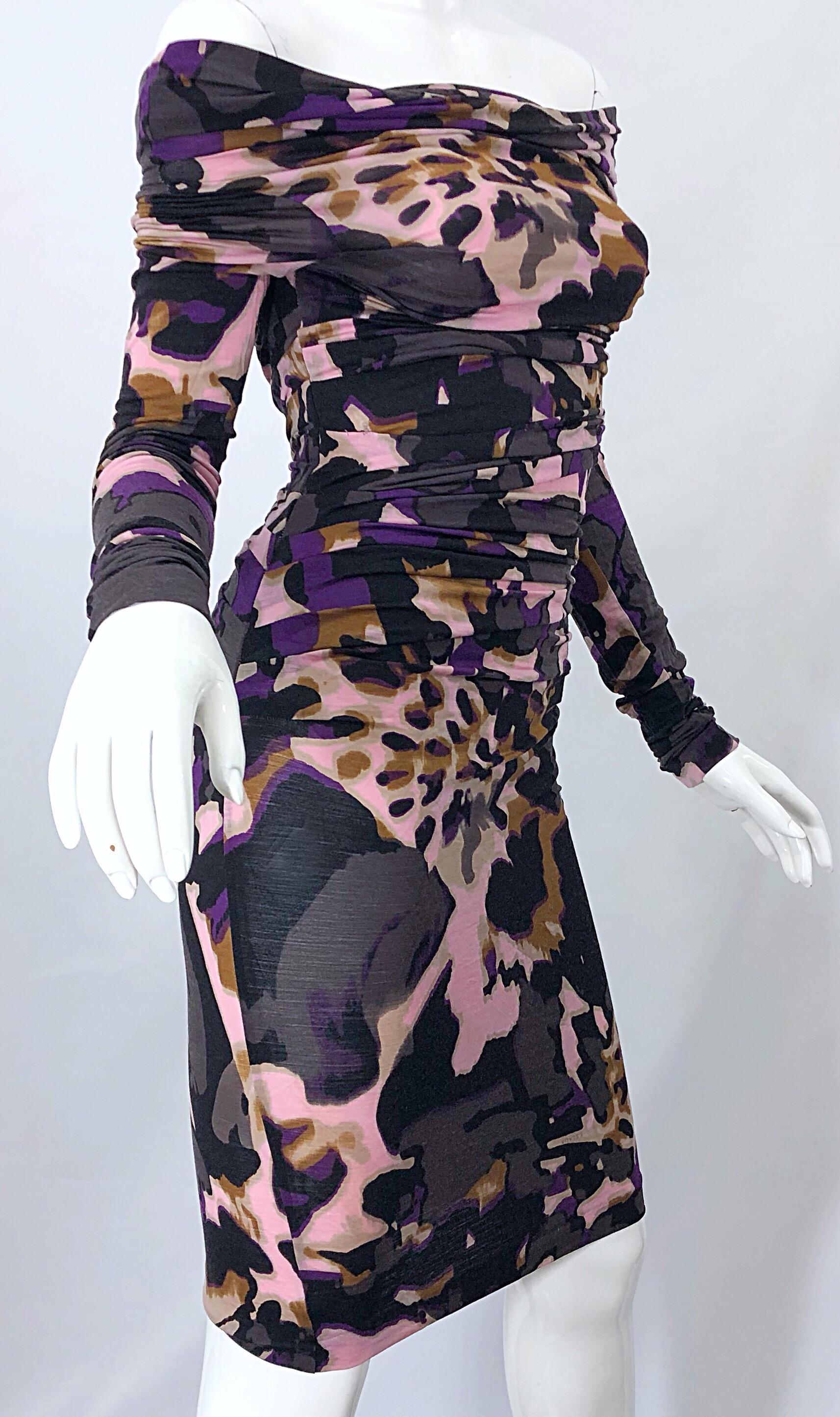 New ESCADA Multi Animal Leopard Print Lightweight Wool Off The Shoulder Dress For Sale 4