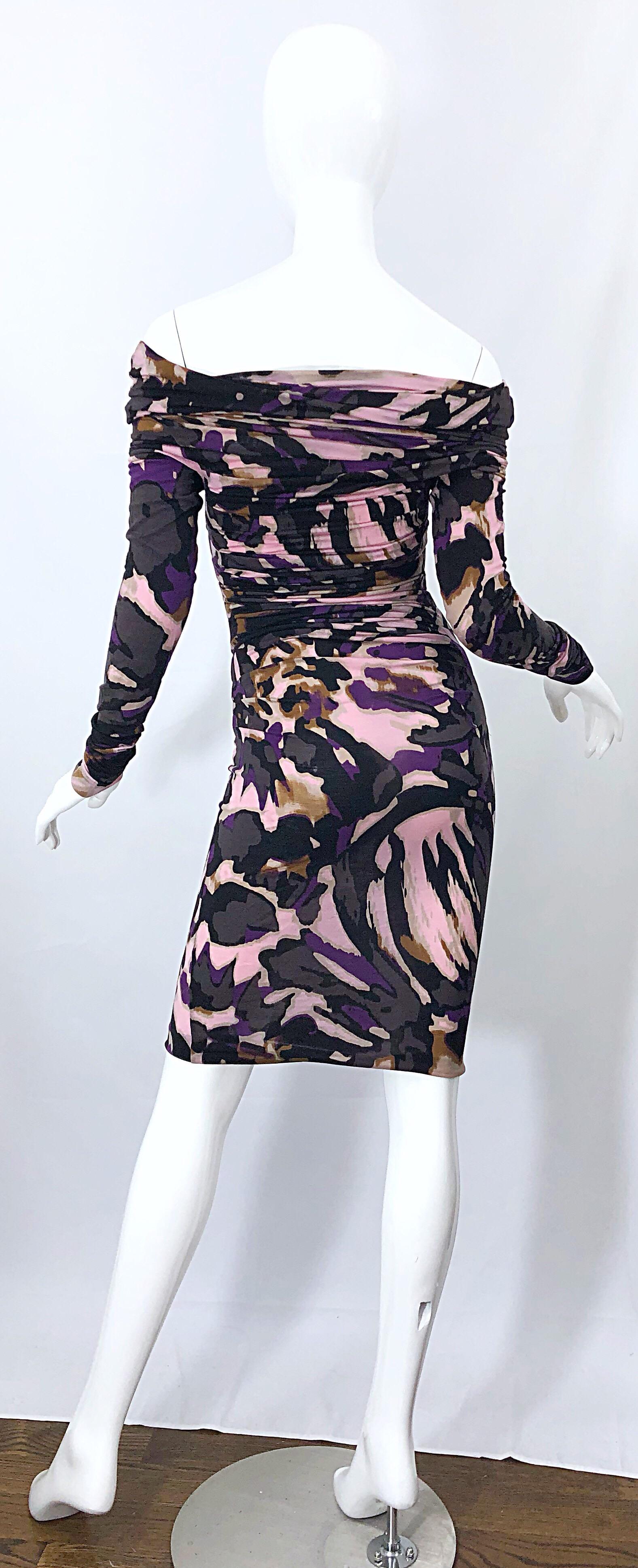 New ESCADA Multi Animal Leopard Print Lightweight Wool Off The Shoulder Dress For Sale 5