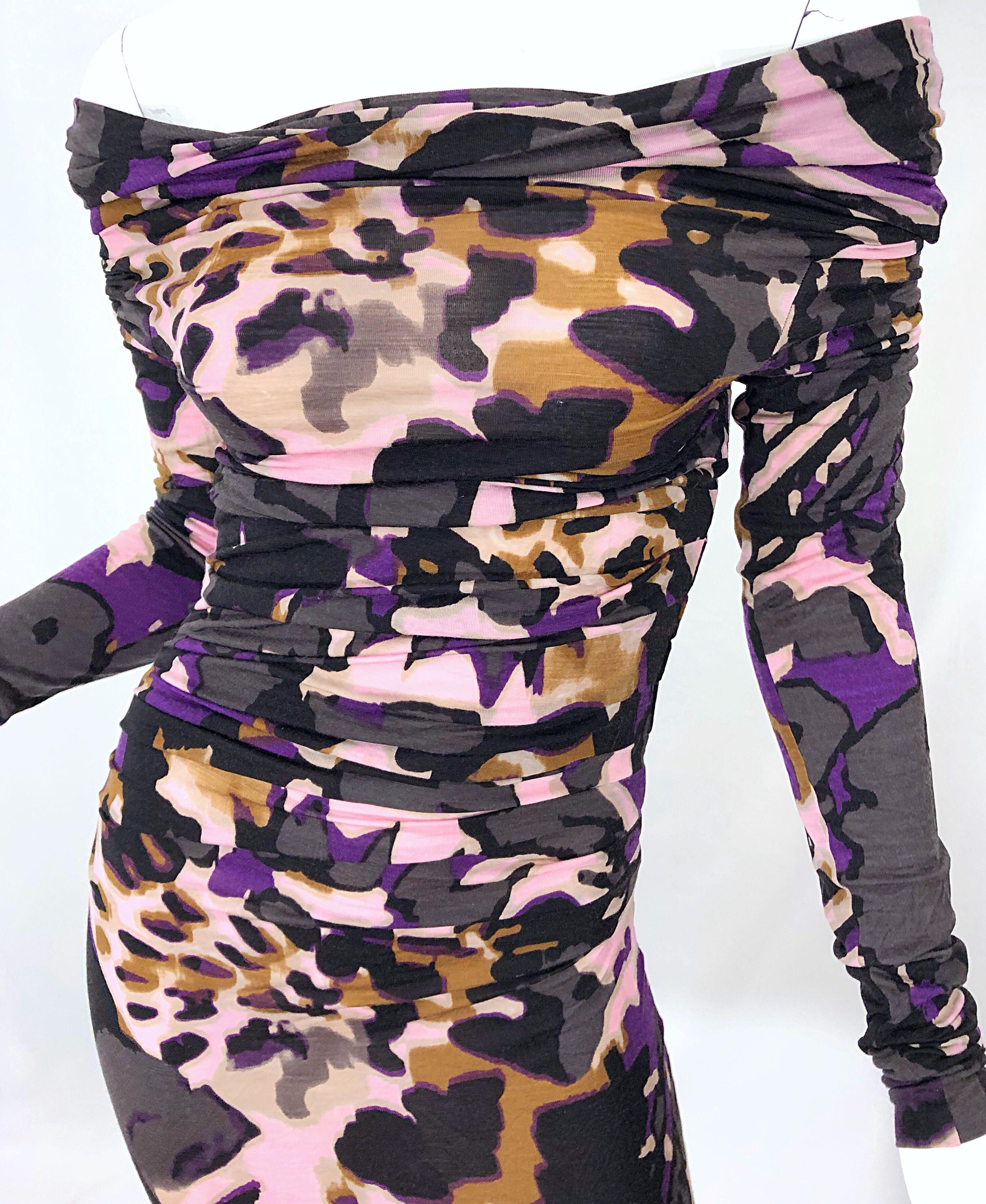 New ESCADA Multi Animal Leopard Print Lightweight Wool Off The Shoulder Dress For Sale 6