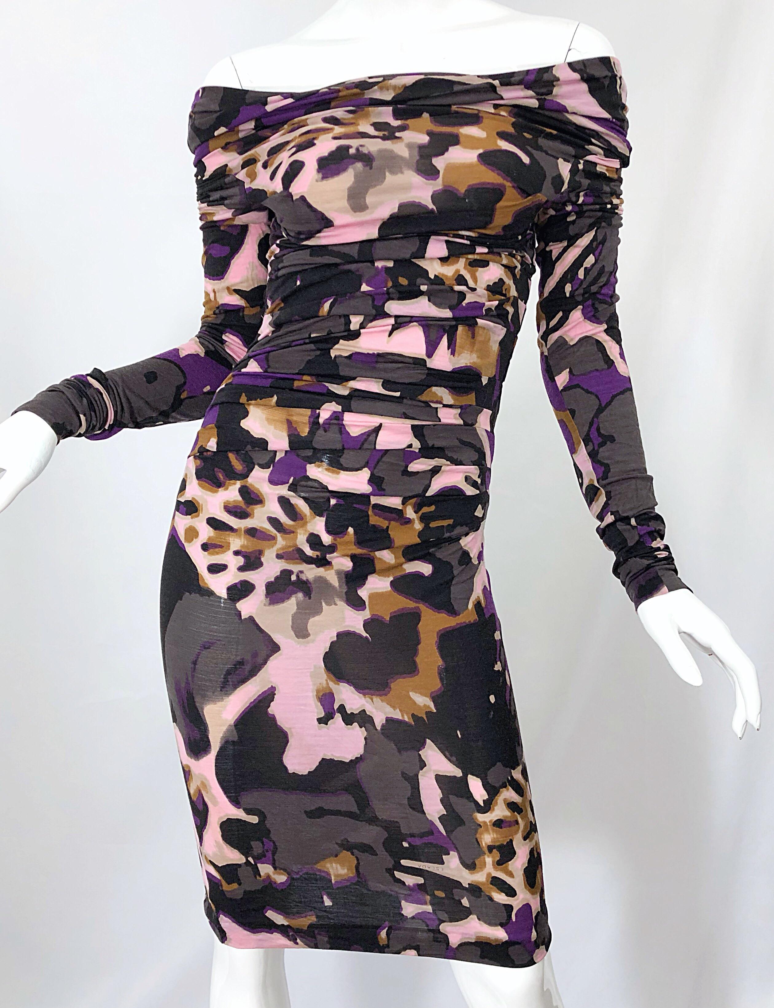 New ESCADA Multi Animal Leopard Print Lightweight Wool Off The Shoulder Dress For Sale 7