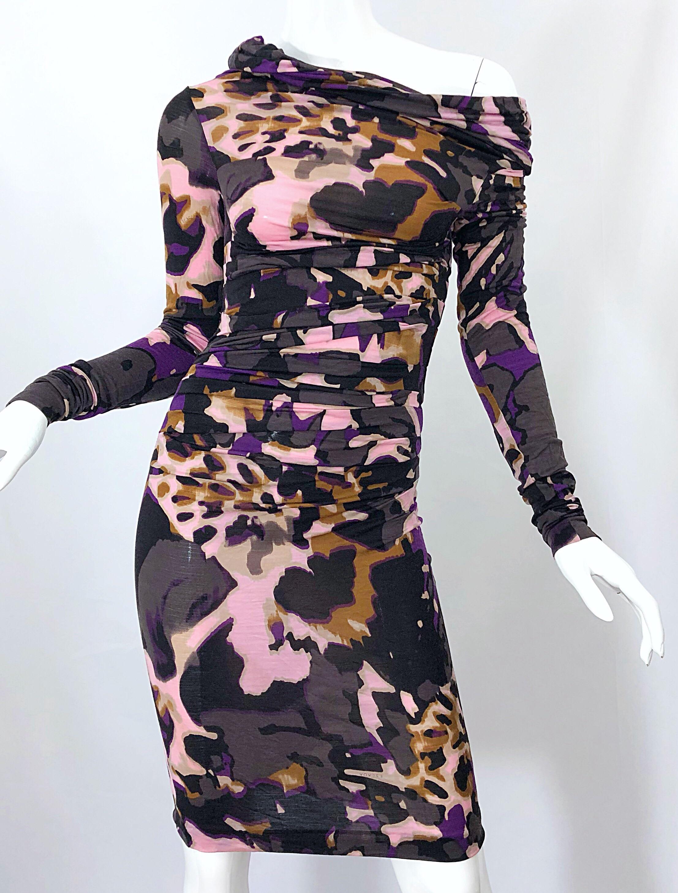 New ESCADA Multi Animal Leopard Print Lightweight Wool Off The Shoulder Dress For Sale 9
