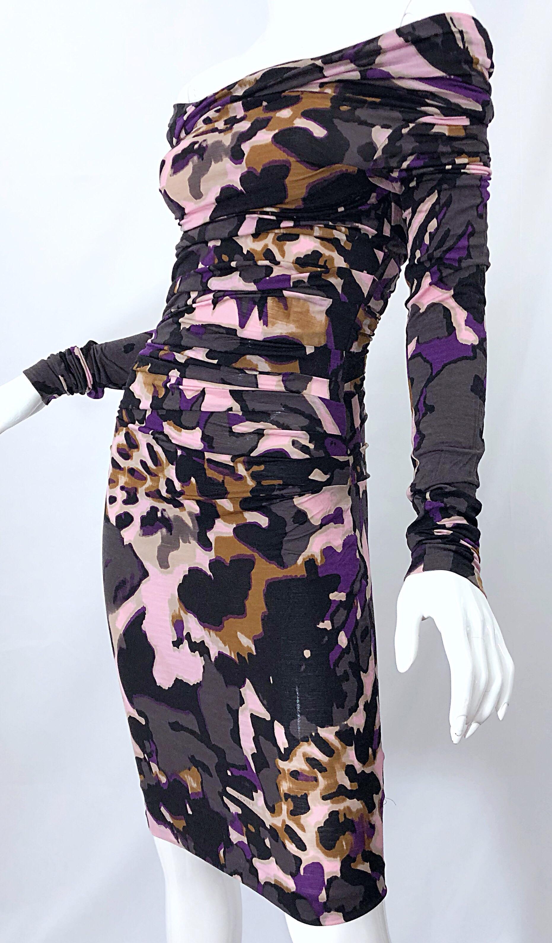 New ESCADA Multi Animal Leopard Print Lightweight Wool Off The Shoulder Dress For Sale 10