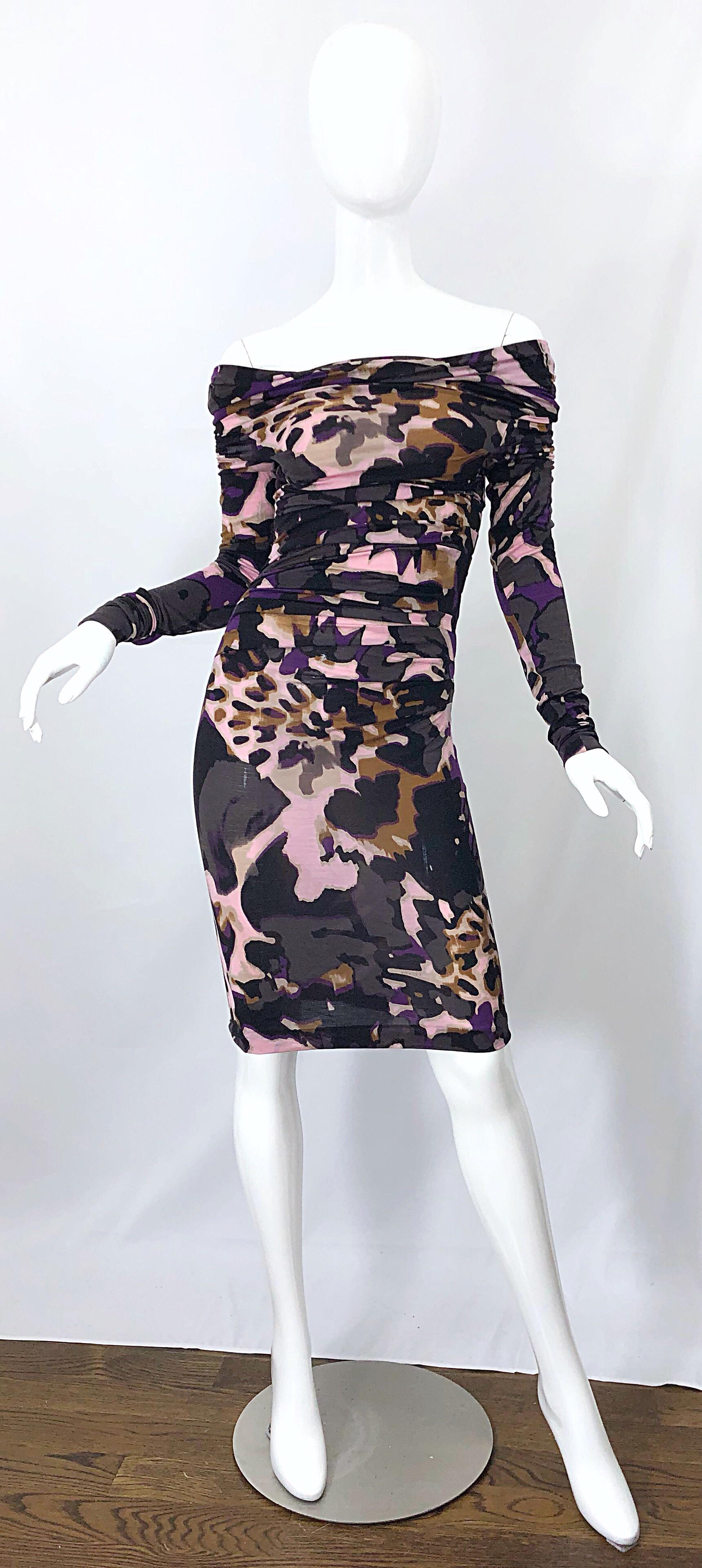 New ESCADA Multi Animal Leopard Print Lightweight Wool Off The Shoulder Dress For Sale 11