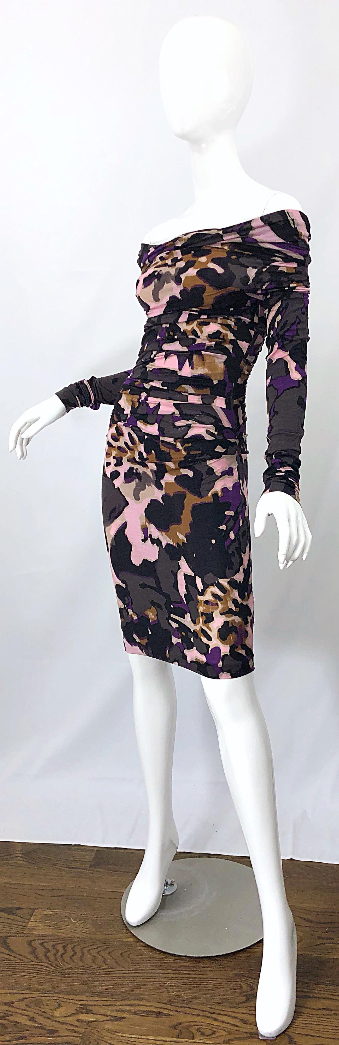 Black New ESCADA Multi Animal Leopard Print Lightweight Wool Off The Shoulder Dress For Sale