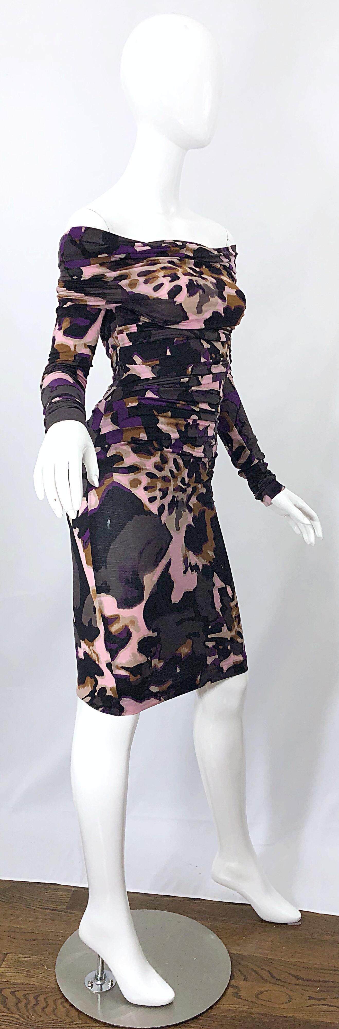 Women's New ESCADA Multi Animal Leopard Print Lightweight Wool Off The Shoulder Dress For Sale